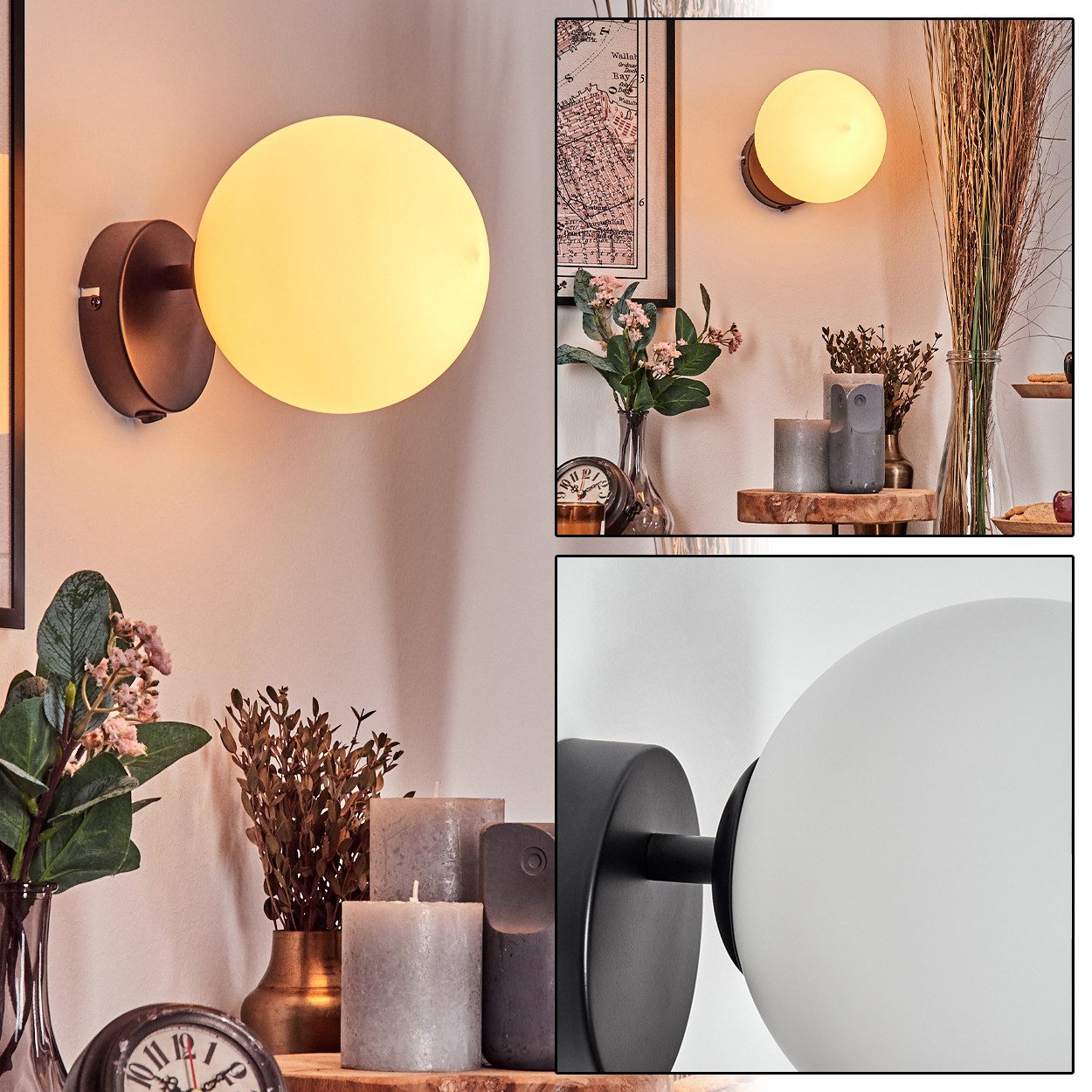 hofstein Wandleuchte Wandlampe aus Metall/Glas in Schwarz/Weiß, ohne Leuchtmittel, moderne Wandleuchte im Retro/Vintage-Design (15 cm), E14