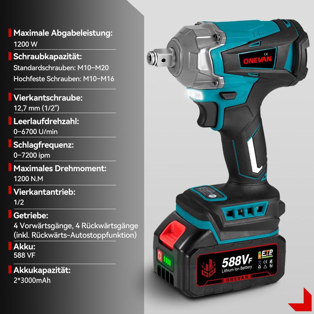 ONEVAN Akku-Schlagschrauber 1200Nm Akku-Schlagschrauber, Bürstenloser Elektrischer, 1/2 Zoll, 2x Akku, 44x Zubehör, 6700 U/min