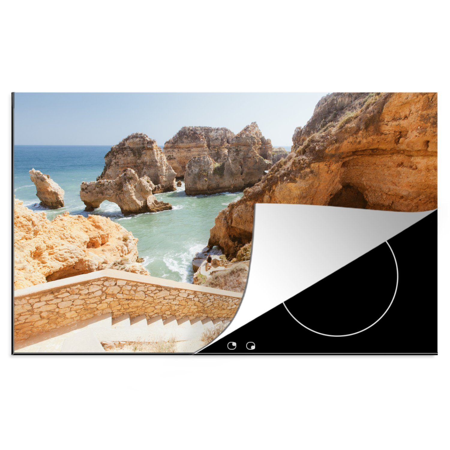MuchoWow Herdblende-/Abdeckplatte Felsige Klippen am Meer in der Nähe der Algarve, Vinyl, (1 tlg), 81x52 cm, Induktionskochfeld Schutz für die küche, Ceranfeldabdeckung