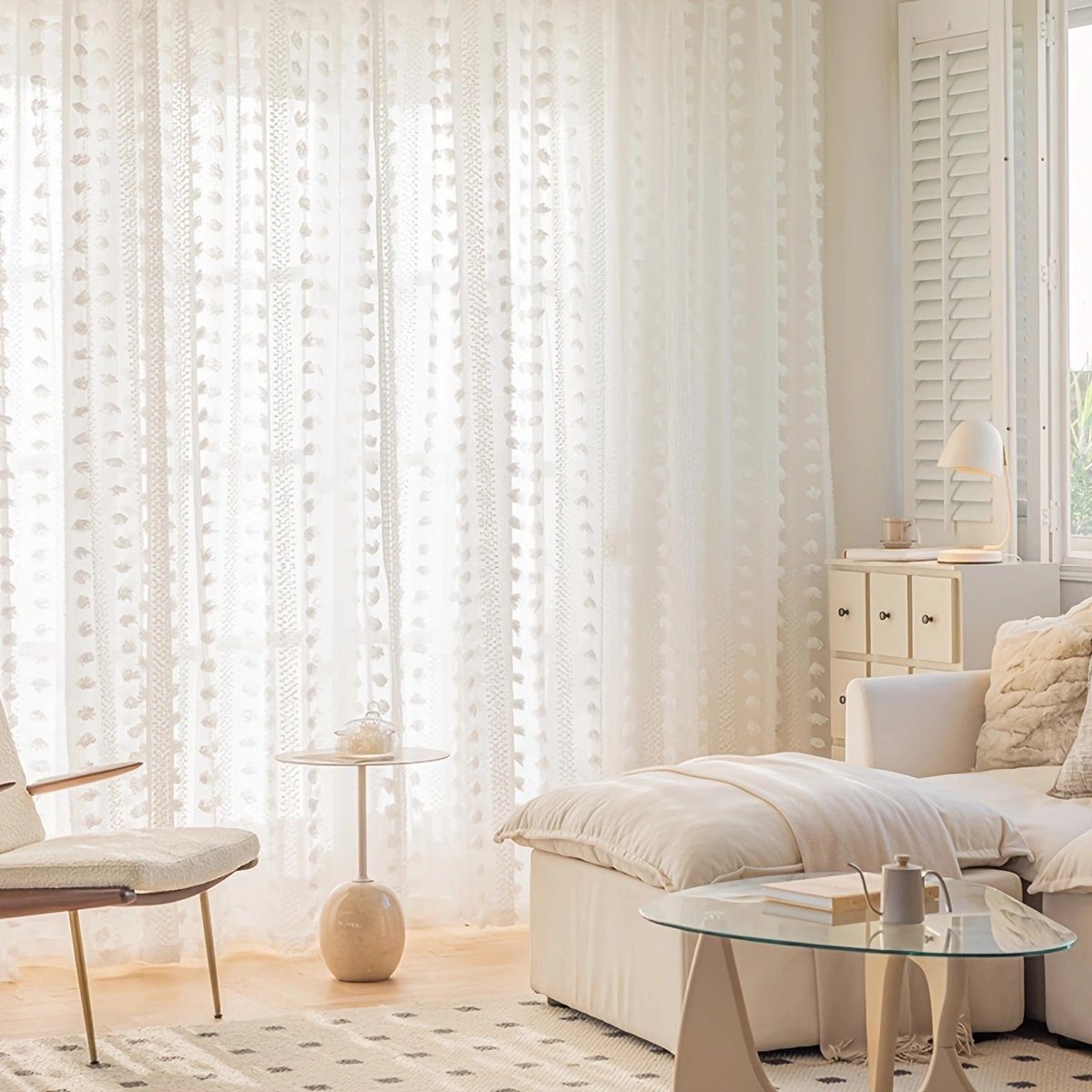 Jibenhome Gardine 2er Set Sheer Voile Vorhänge mit Pompon für Schlafzimmer Wohnzimmer (2 St), Luftig Dekoschal