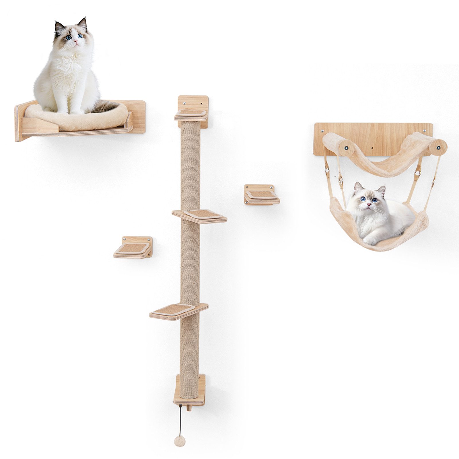 COSTWAY Kratzbaum, 5 tlg. Kletterwand, Katzenbett, Katzentreppe, Holz