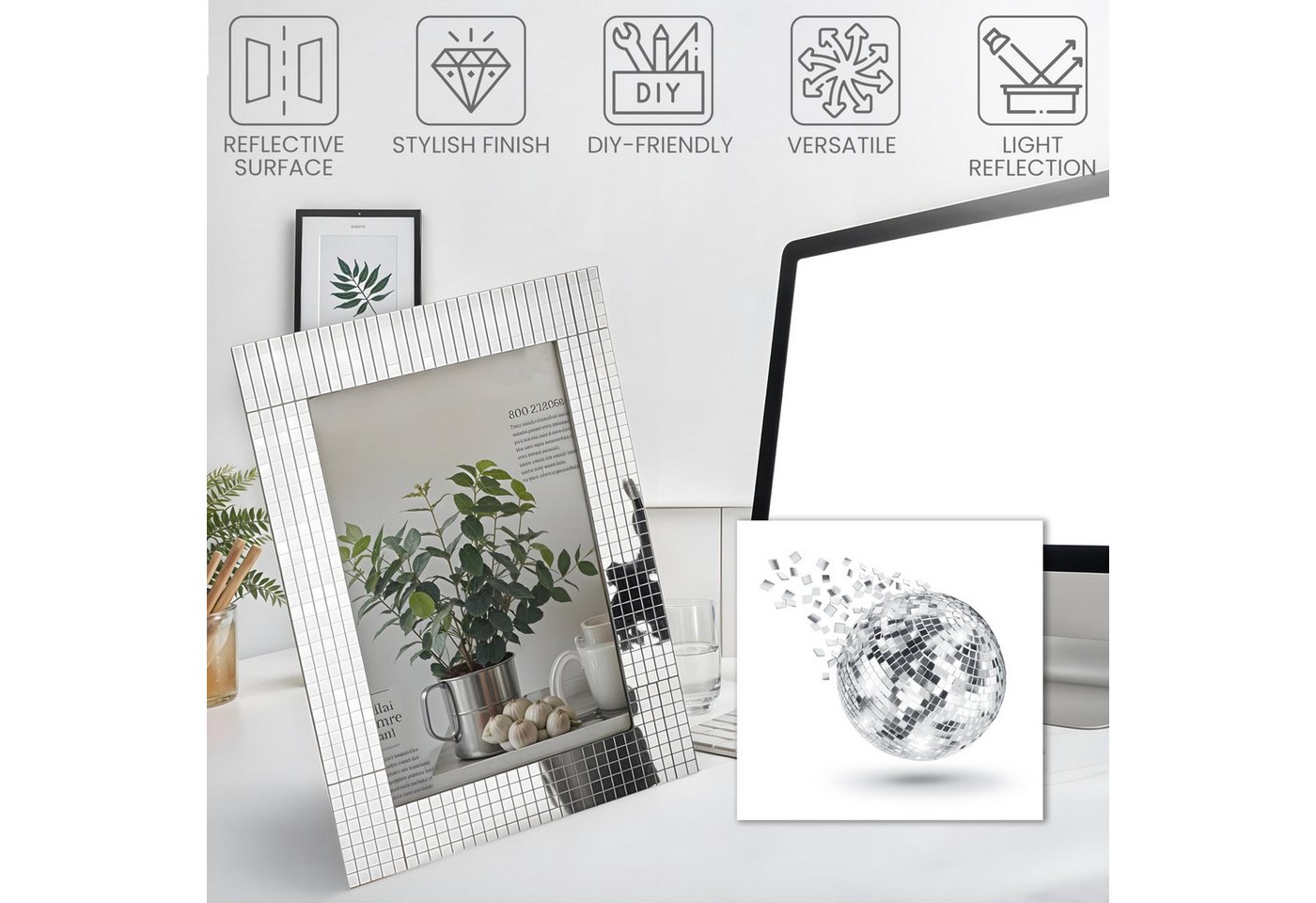 Thumbnail - Belle Vous Mosaikfliesen Kleine Spiegelmosaikfliesen zum Selbstkleben (10 Stück), Glas 21.00x9.00, Silber