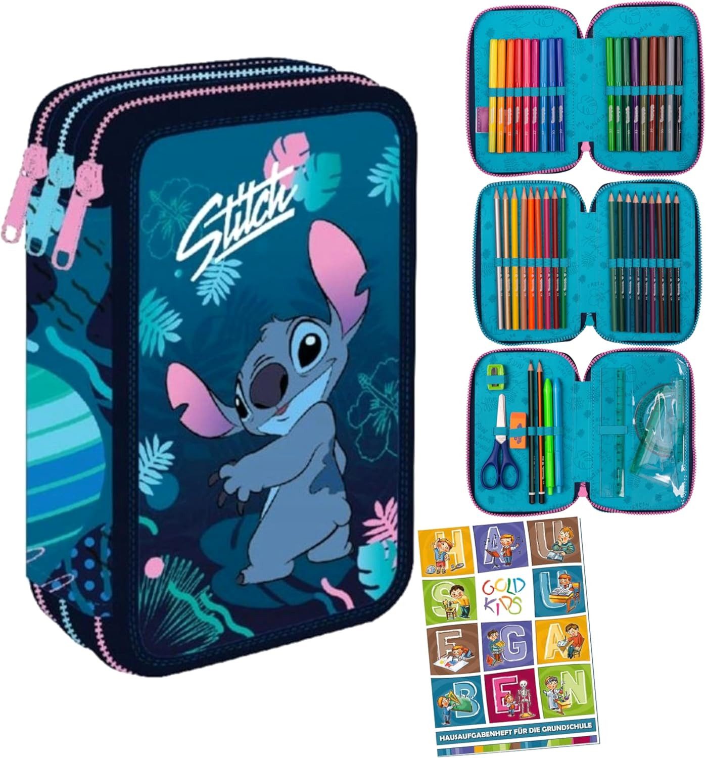 GOLDKIDS Federmäppchen 3 Fächer - Mäppchen für Mädchen und Jungen -, (Federmappe 3-Fach Federtasche, 1-tlg., Gefüllte Schüleretui), 46-teilig - Schulmäppchen und Hausaufgabenheft - Stitch Motiv