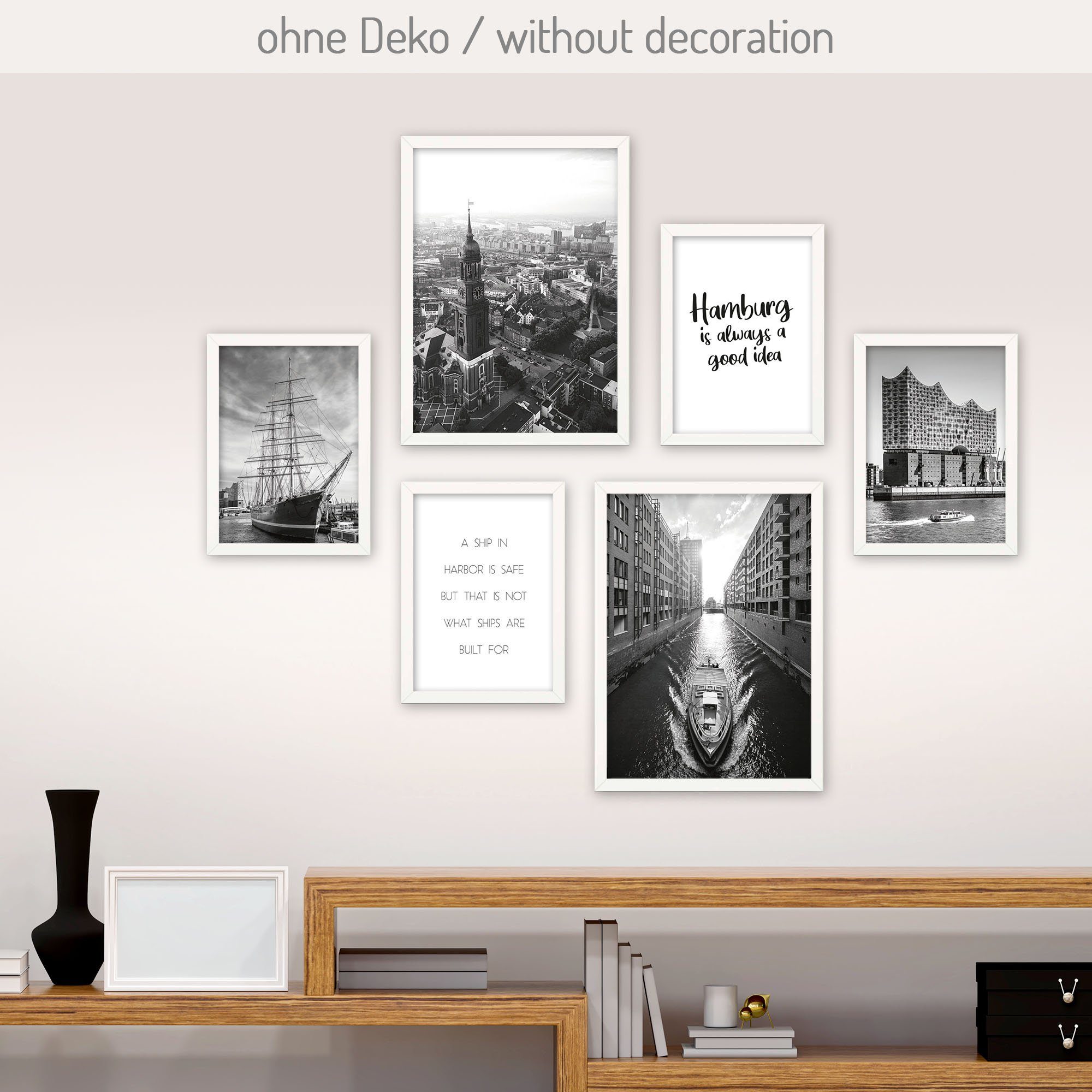 Kreative Feder Poster, Hamburg, Deutschland, Stadt, Meer, Küste, Schiff, Architektur, Hafen (Set, 6 St), 6-teiliges Poster-Set, Wandbild, Posterwand, optional mit Rahmen