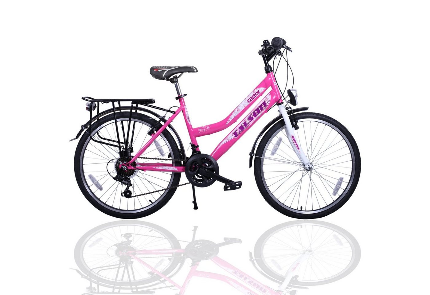 Talson Cityrad 26 Zoll Cityrad, 21 Gang Shimano, Kettenschaltung, mit Beleuchtung nach StVZO und Gepäckträger Rosa