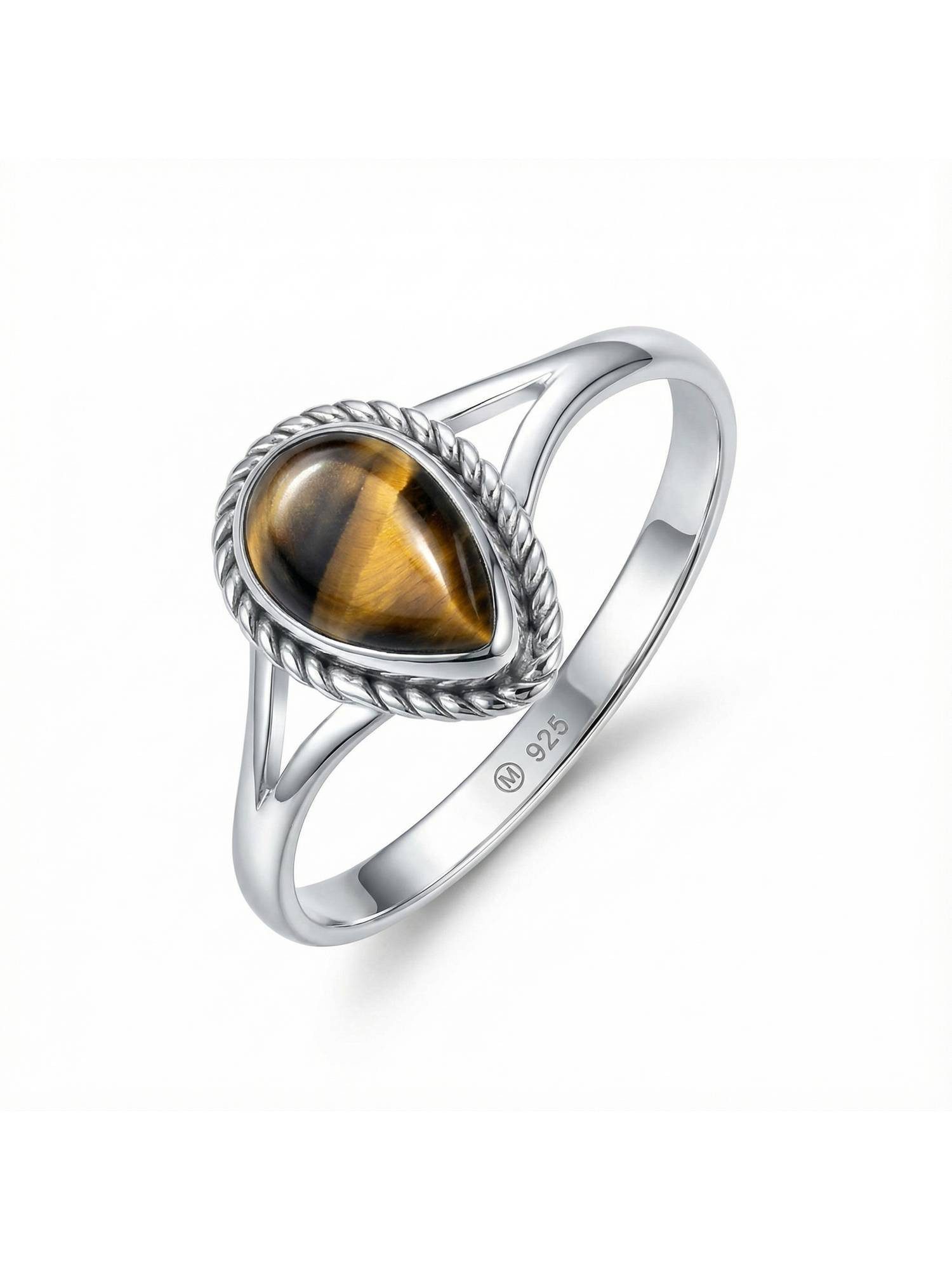 mantraroma Silberring NILA Tropfen aus 925 Silber mit Tigerauge (Ring mit Schmuckbeutel), Damenring aus 925er Silber