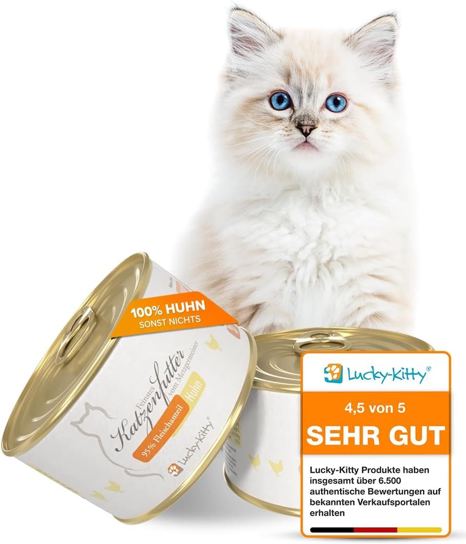 Lucky-Kitty Katzenfutter Huhn, Metzgerqualität, Nassfutter für: Katzen, 95% Fleischanteil, ohne Getreide, Zucker oder Füllstoffe