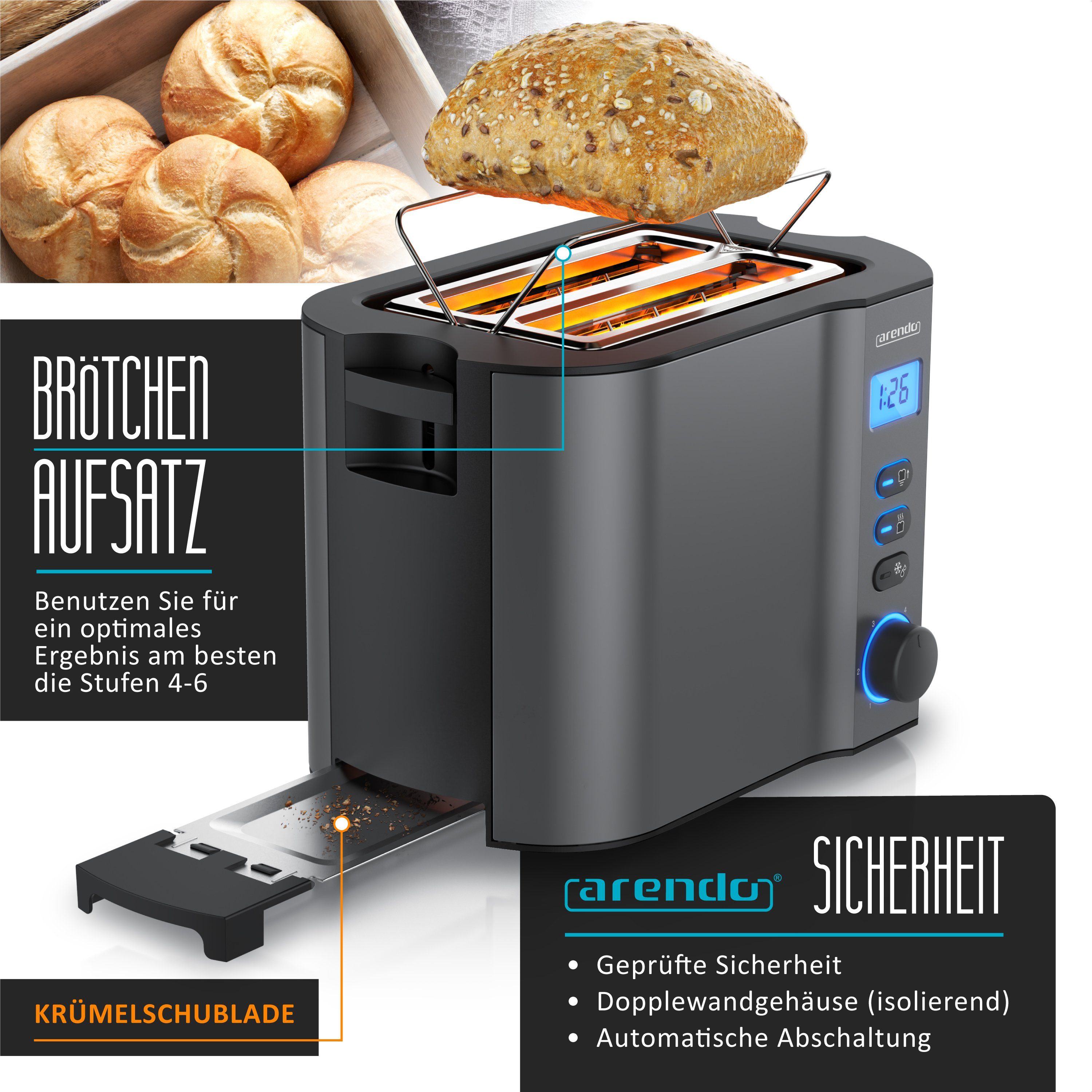Arendo Toaster Edelstahl, 2 Scheiben Kurz, Kurzschlitz, Display, Restzeitanzeige, 2 kurze Schlitze, für 2 Scheiben, 800 W, Integrierter Brötchenaufsatz, Doppelwandgehäuse Wärmeisoliert