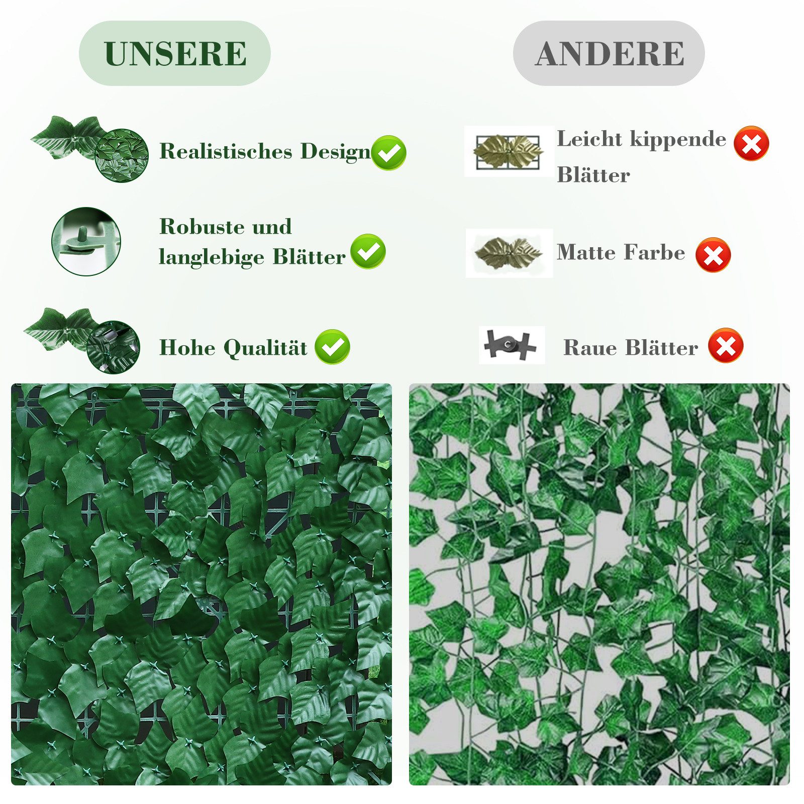 BlingBin Kunsthecken-Sichtschutz Künstliche Efeu Hecke Windschutz, Balkon Sichtschutz Efeu, 1x3 m/1x6 m, (4er Set, 4-St., Inklusive 80 Kabelbinder), Dekoration  – Bild 5 von 5