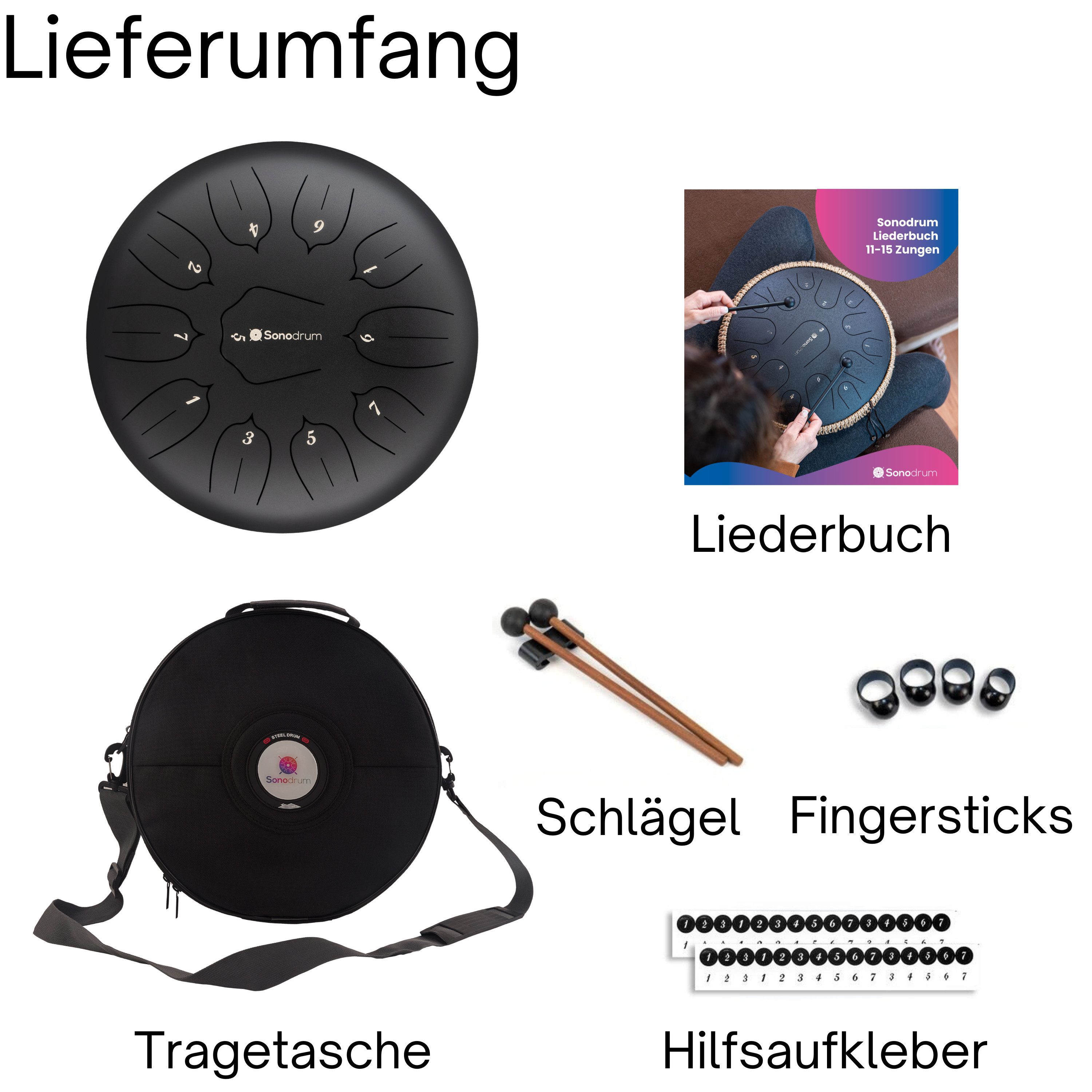 Sonodrum Steel Tongue Drum "Standard", D-Dur, 30 cm, 11 Zungen inkl. Liederbuch und Tragetasche – Bild 5 von 5