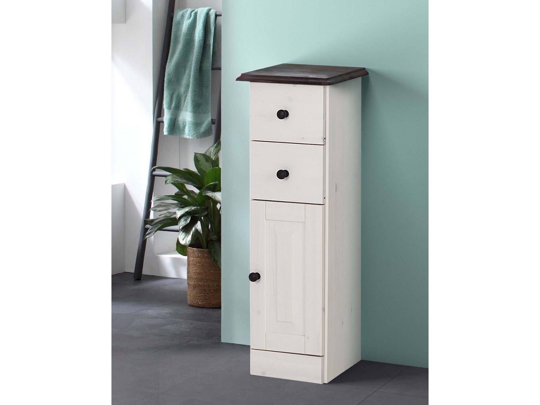 loft24 Badkommode Rico - Badschrank Badezimmerschrank Badmöbel Kommode (1 St), 2 Schubladen, 1 Tür, 1 Einlegefach, Kiefer Massivholz, Landhausstil