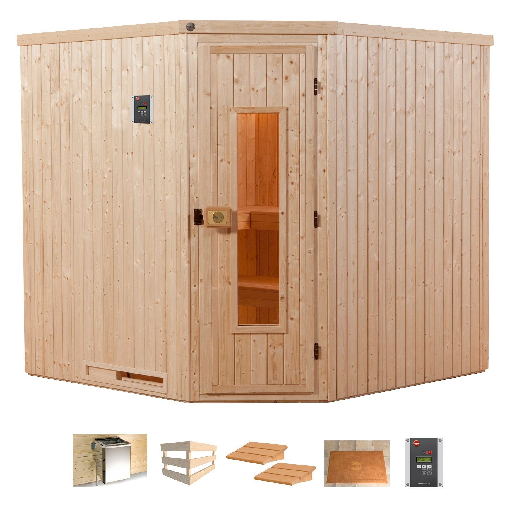 weka Sauna Varberg 3, BxTxH: 194 x 194 x 199 cm, 57 mm, 7,5 kW Bio-Ofen mit ext. Steuerung