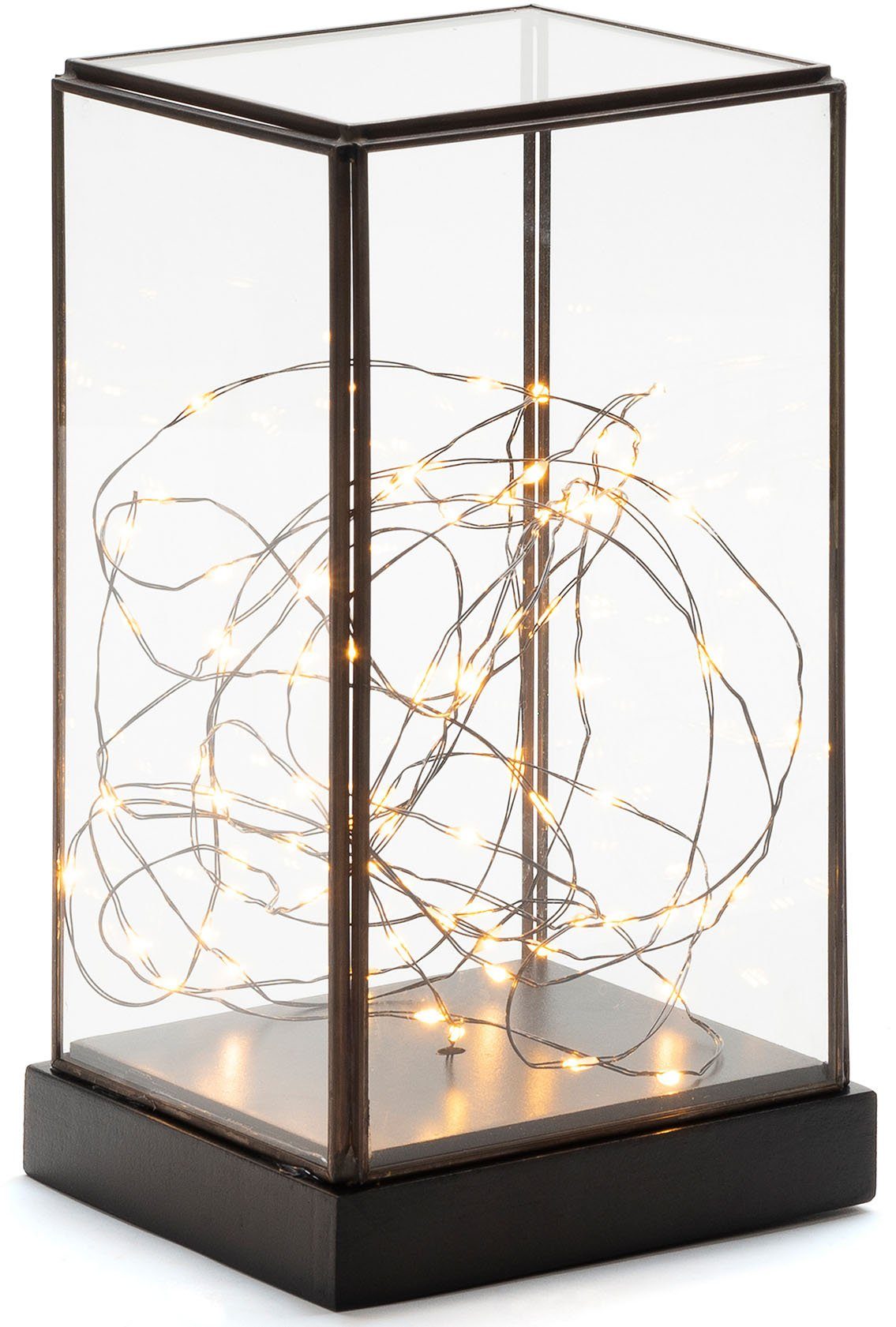 KONSTSMIDE LED Laterne Weihnachtsdeko, LED fest integriert, LED Glaslaterne rechteckig mit schwarzem Holzfundament