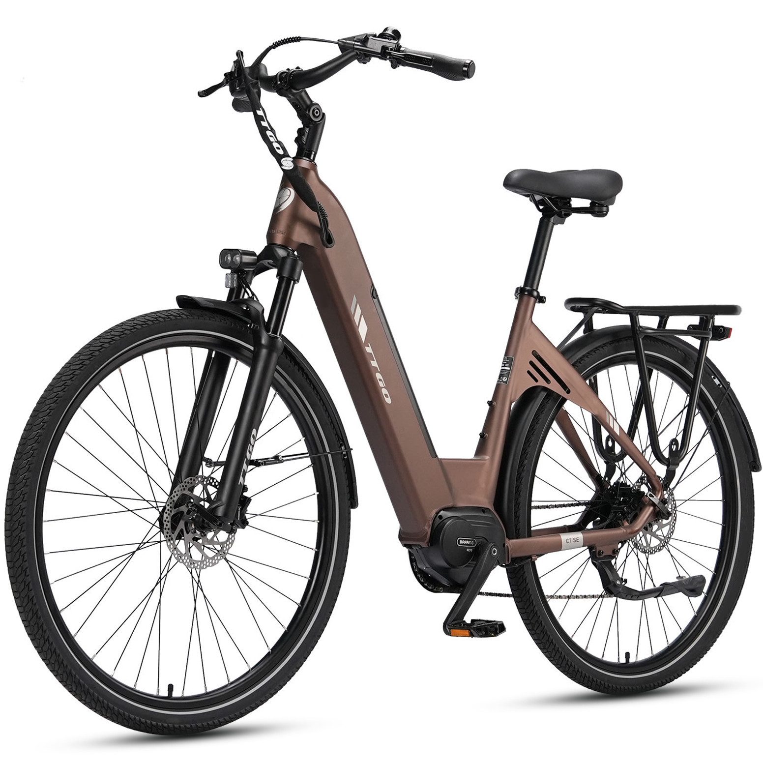 TTGO E-Bike Cityrad 28 Zoll, 140km, 75Nm Mittelmotor, Lockout-Federgabel, C7 SE, Pedelec, 9 Gang Shimano, Kettenschaltung, Mittelmotor, 648 Wh, Drehmomentsensor, Elektrofahrrad, Tiefeinstieg für Damen und Herren