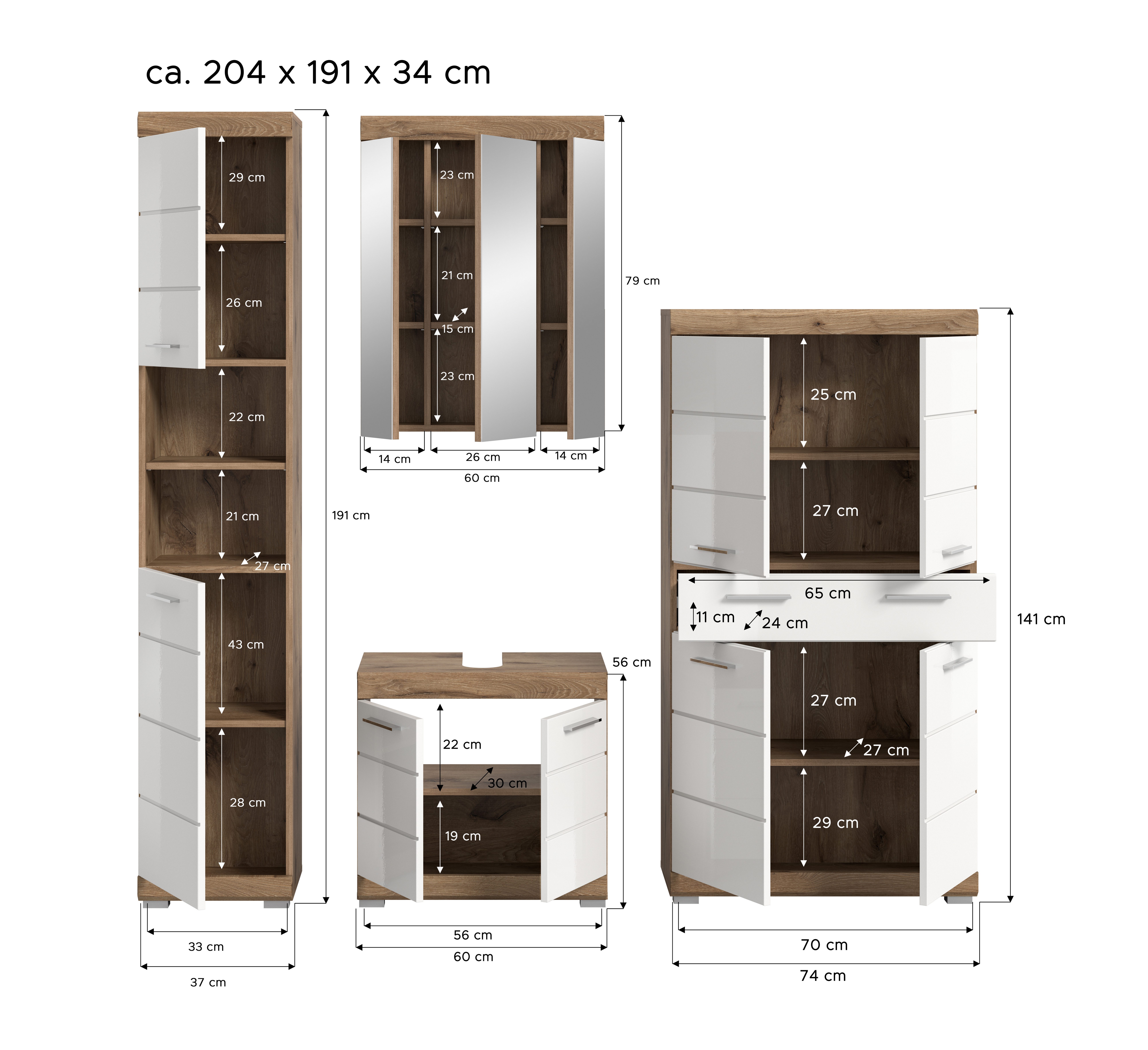 furnling Badmöbel-Set Wavy, (4-St., aus Hochschrank, Spiegelschrank, Midischrank, Waschbeckenunterschrank), Badschränke, Badkommoden, Badkombination, Badmöbel, Breite 204 cm