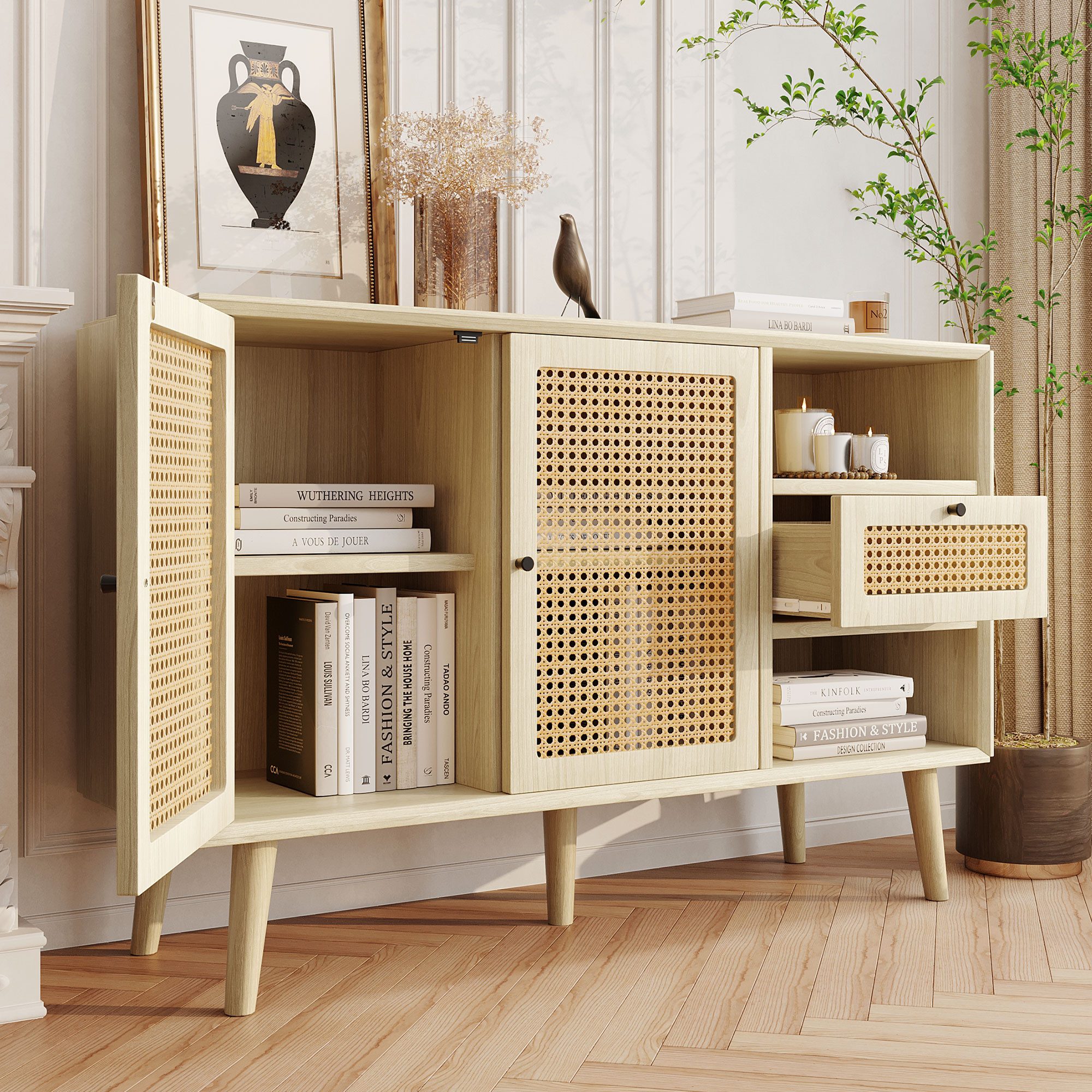 IDEASY Sideboard Kommode mit 1 Schubladen und 2 Magnetische Türen 120x40x80cm (Verwendung als Aufbewahrungsschränke, Schränke, Büffets), Rattangeflecht auf den Türfronten, Beine aus massivem Holz