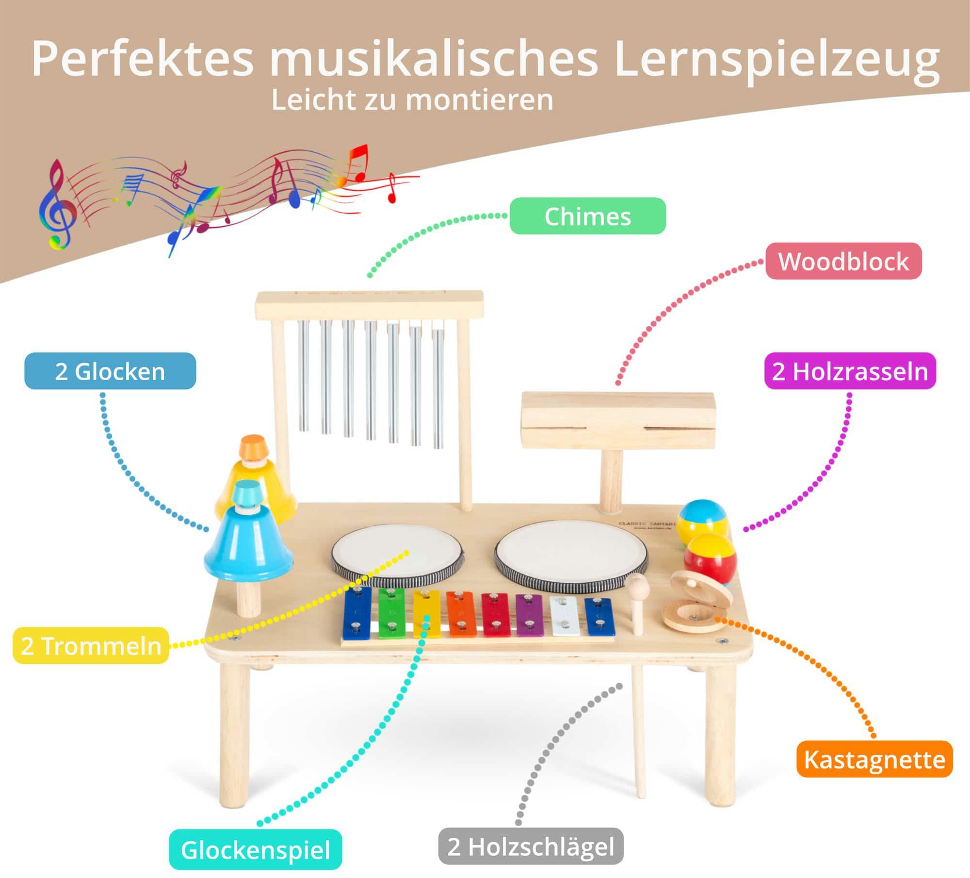 Classic Cantabile Spielzeug-Musikinstrument MT-121 12 in 1 Percussion Musiktisch - Echtes Musikerlebnis für Kinder, (aus Holz mit glatten Oberflächen für maximale Sicherheit), ideal zum Erlernen von Motorik und der Auge-Hand-Koordination