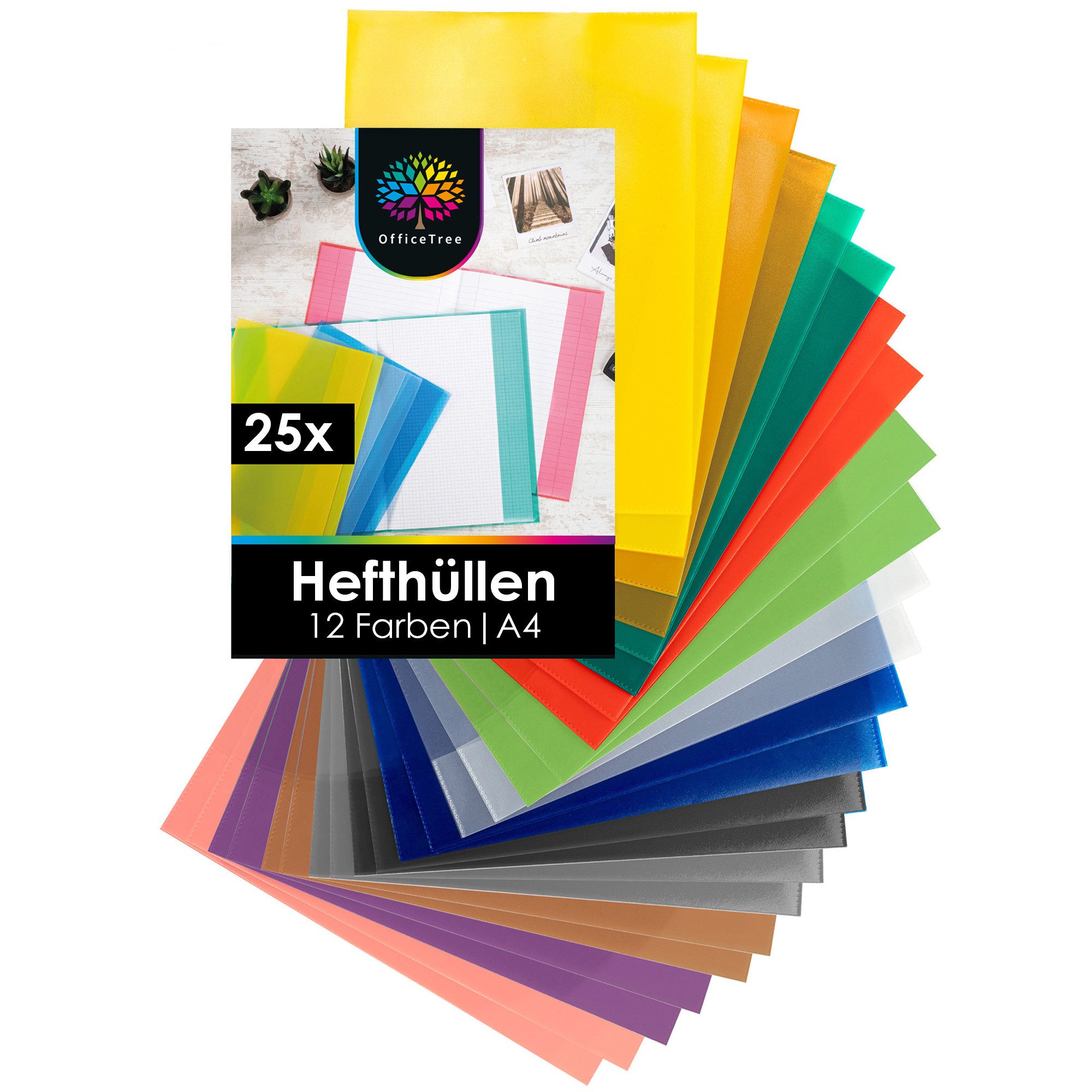 OfficeTree Schulheft 25x Hefthüllen A4 Bunt - 12 Farben, DIN A4, Bunte Heftumschläge