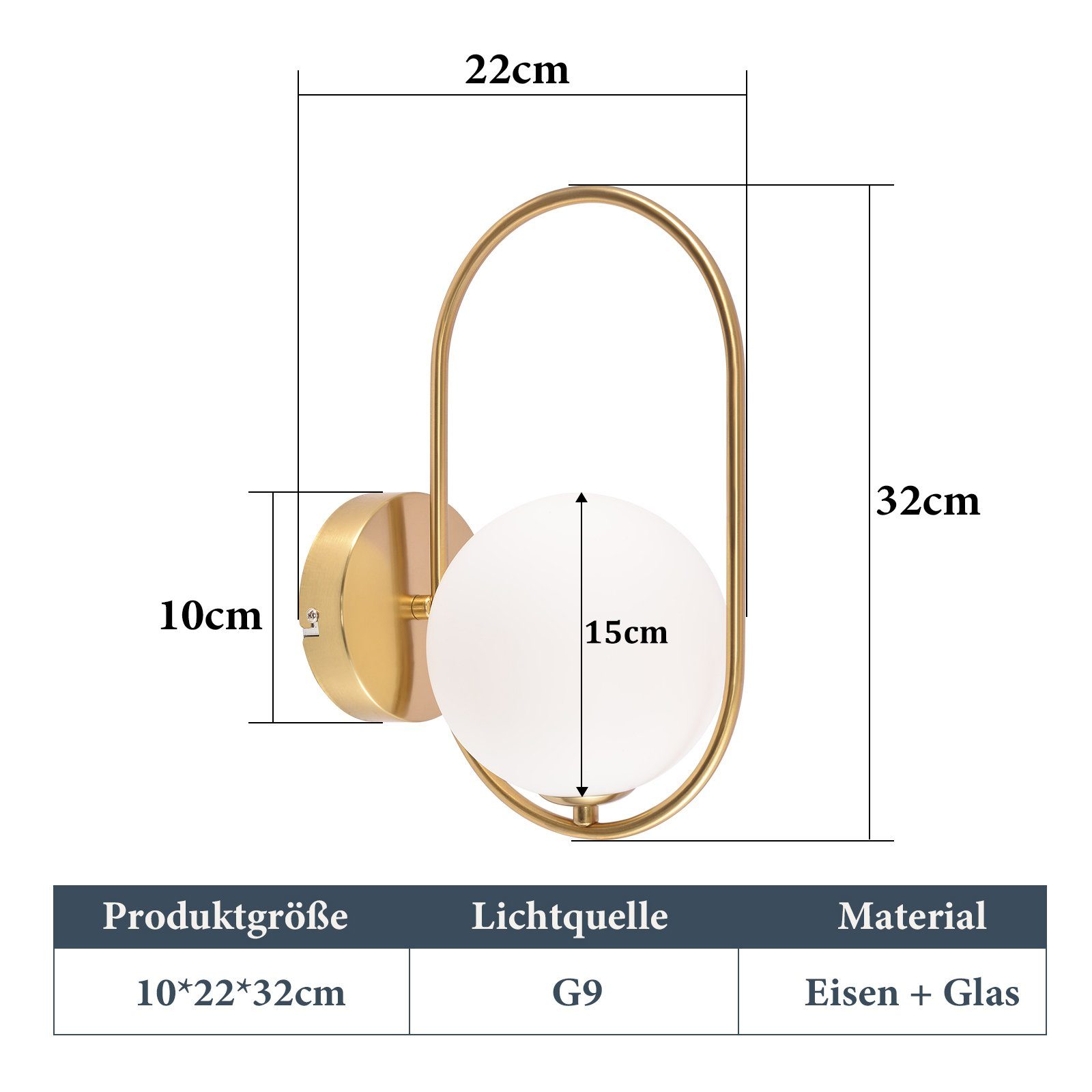 ZMH Wandleuchte Modern Innen Wandlampe aus Glas Flurlampe Gold G9, LED wechselbar, ohne Leuchtmittel