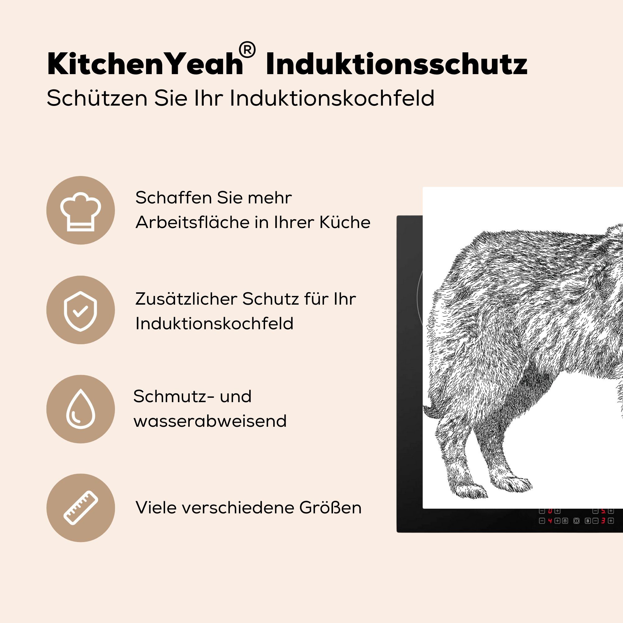MuchoWow Herdblende-/Abdeckplatte Wolf - 57x51 (1 Vinyl, cm, Ceranfeldabdeckung tlg), Induktionskochfeld, - Weiß Induktionsschutz, Skizze