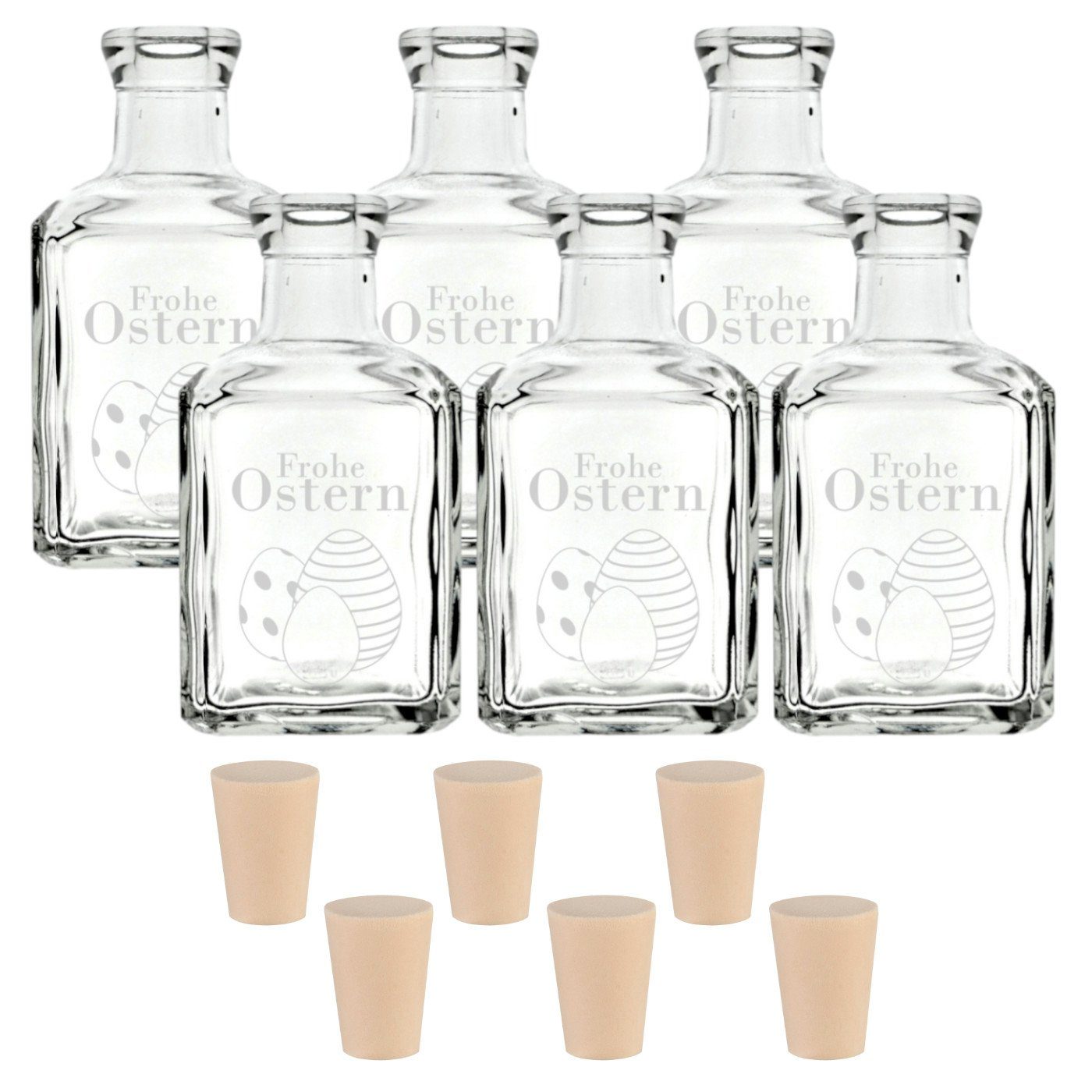 gouveo Trinkflasche 6 Glasflaschen 250 ml Cube mit Gravur Frohe Ostern und Korken (PEK), Oster-Motiv 3