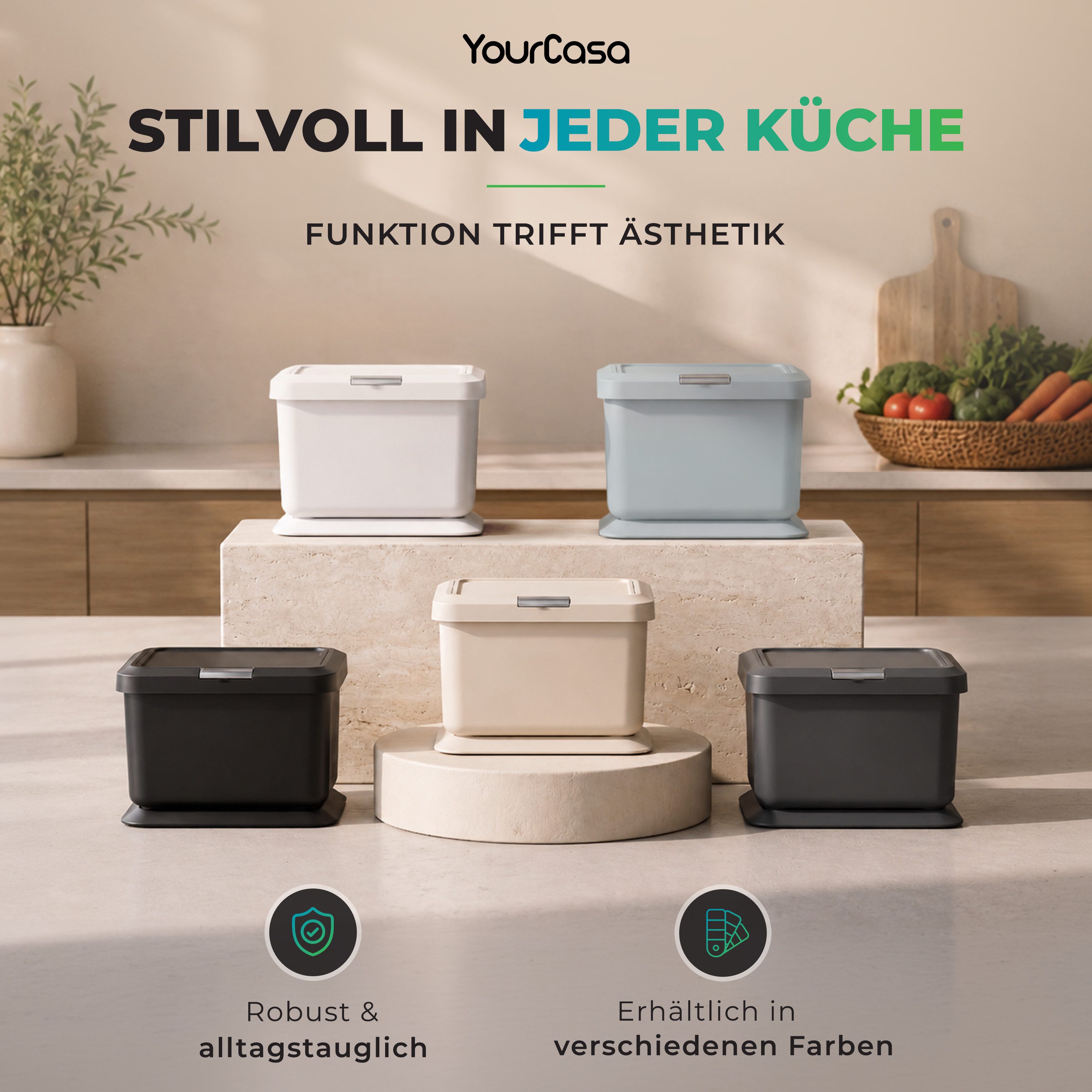 YourCasa Biomülleimer Küche 5L - Deckel mit Knopfdruck-Mechanismus- Komposteimer, Deckel mit Knopfdruck-Mechanismus, Antirutsch