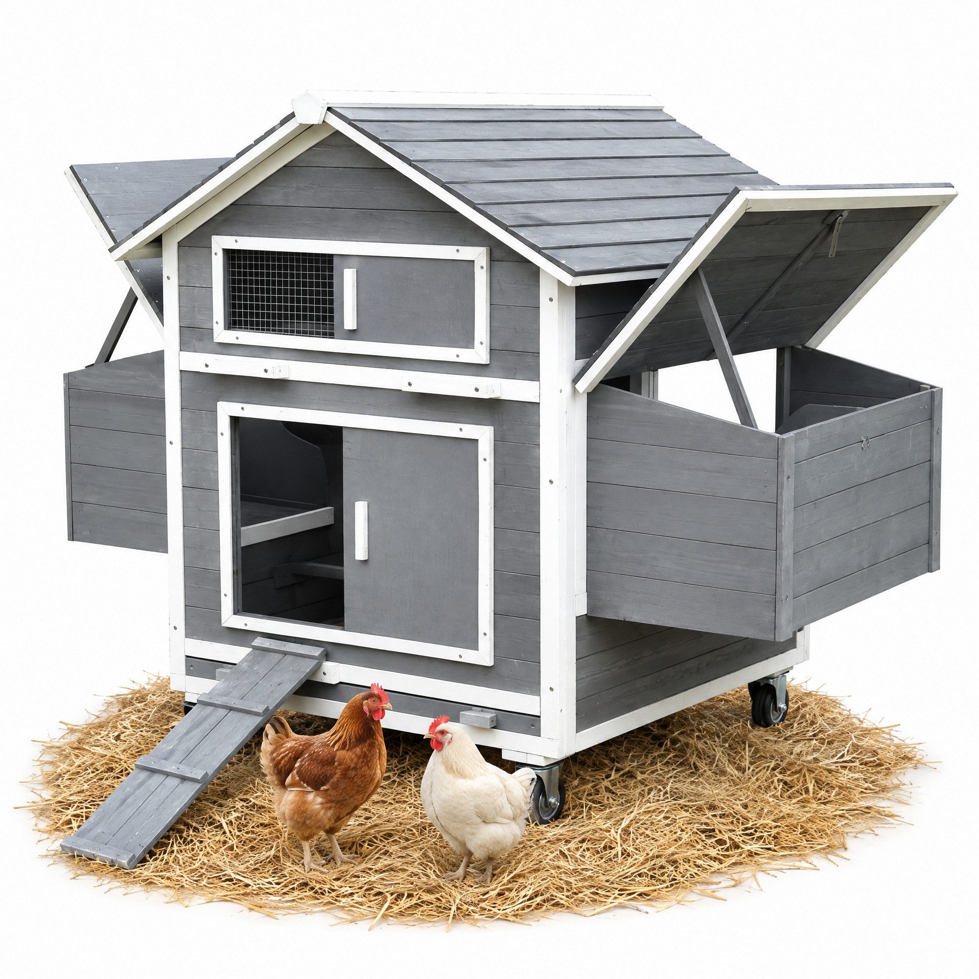 Melko Hühnerstall Hühnerhaus inkl. 2 Nestboxen Hühnervoliere Holz Geflügelstall, Rollbar, 4 Nistplätzen, Holzrampe, 2 Sitzstangen