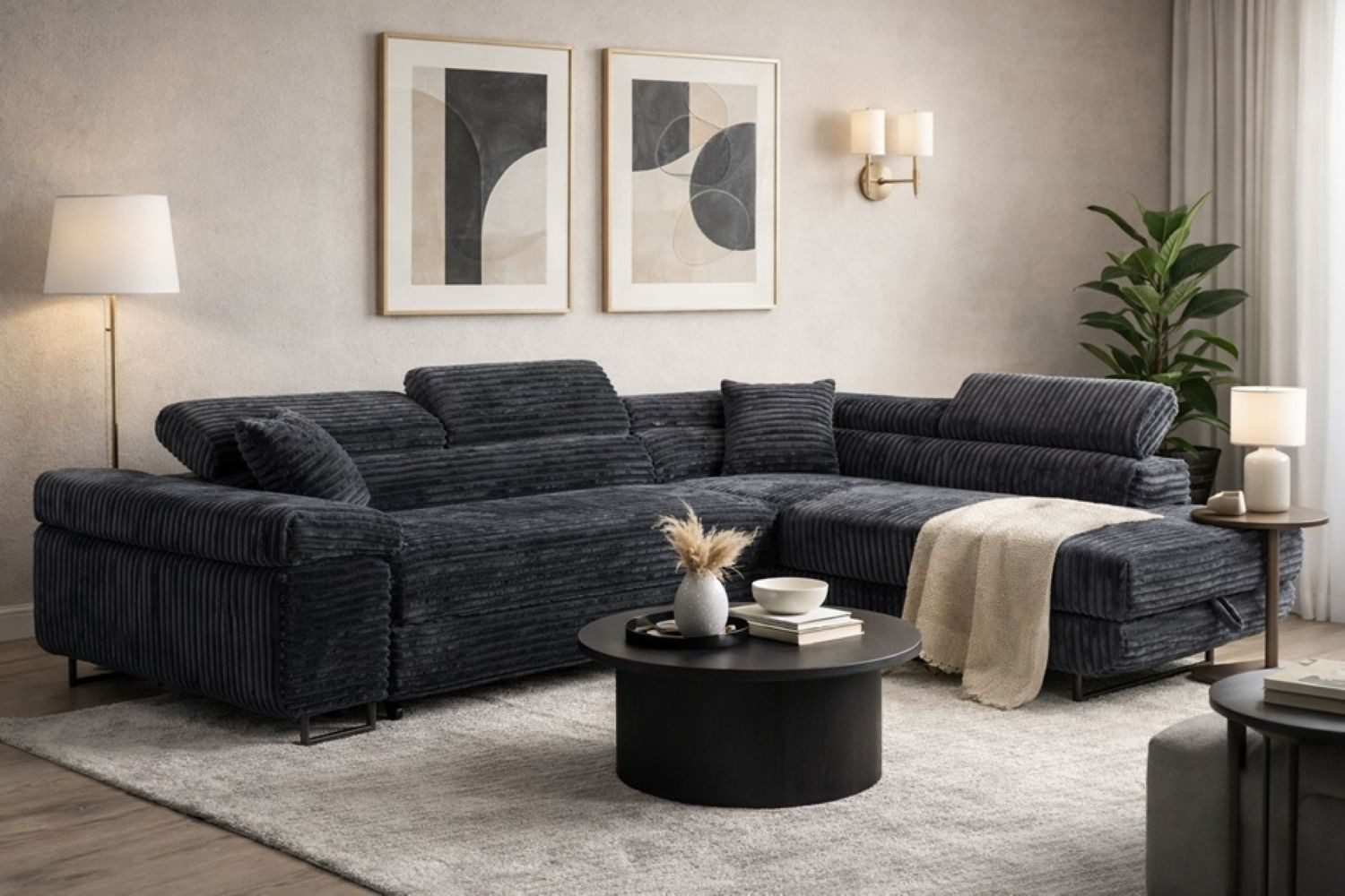 Labett Ecksofa mit Schlaffunktion & Bettkasten Links/Rechts Sofa L-Form GUSTAVO, Kopfstützen, Cordstoff, Schlafsofa
