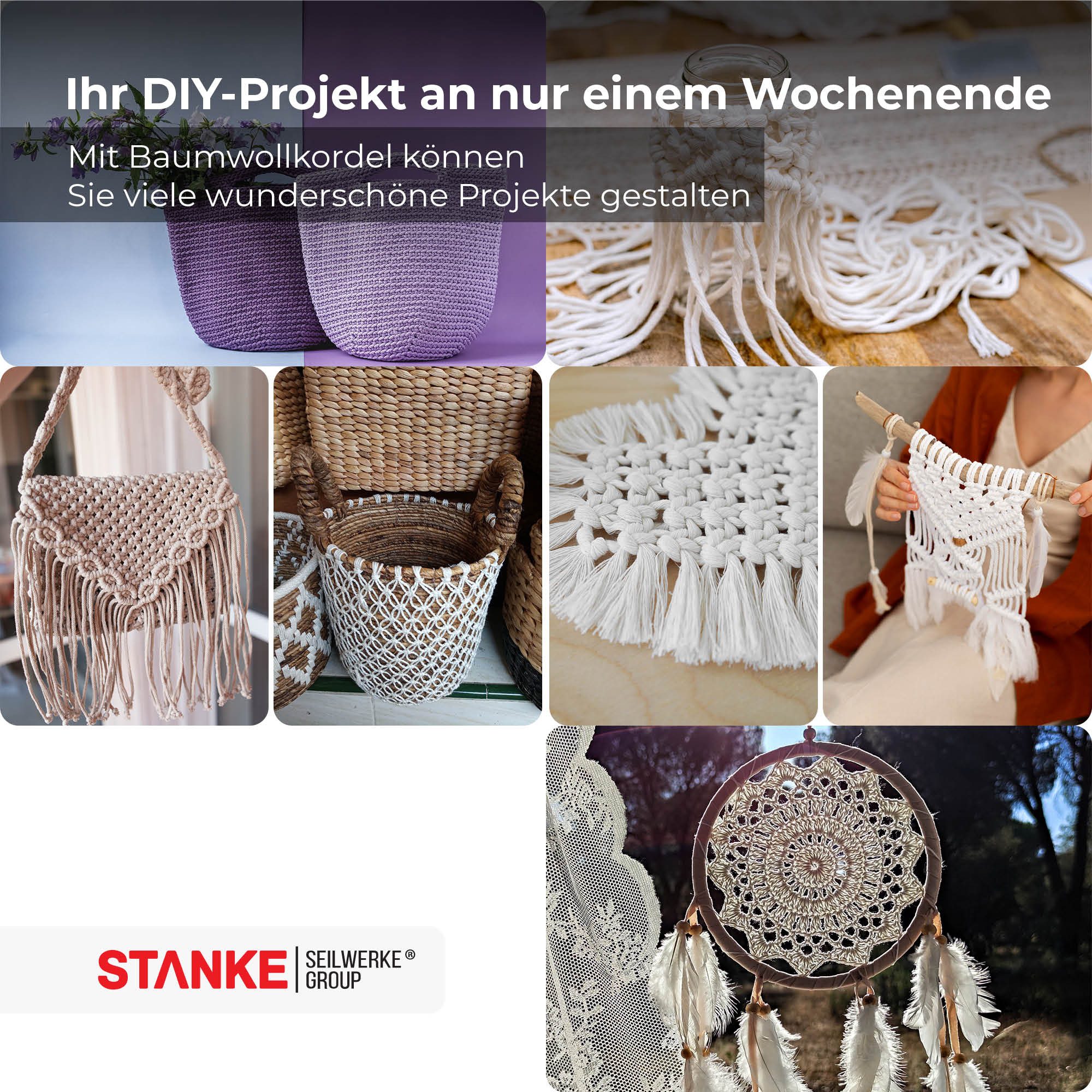 STANKE Makramee Garn 3mm 100 m Farbe Hellblau - Baumwollgarn für Boho Bastelgarn, 100 m (100m Rolle, 1-St., 100m Rolle), DIY, Körbchen, Traumfänger für Untersetzer, Taschen 100% Baumwolle