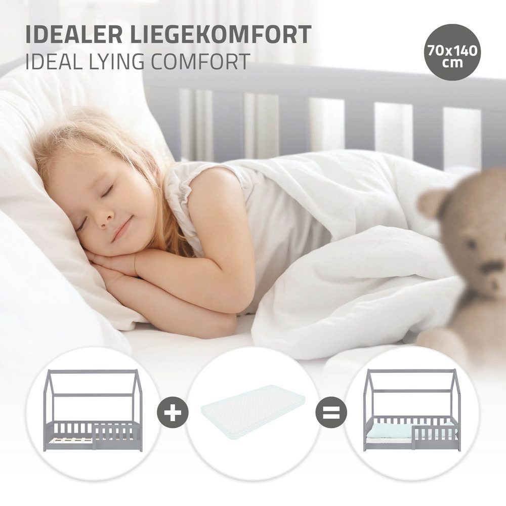 ML-DESIGN Spielbett Hausbett Kinderbett inkl. Lattenrost kreativ Bodenbett für Kinder, Abenteuerbett mit Rausfallschutz Kiefer Hellgrau Himmelbett Bettenhaus – Bild 4 von 5