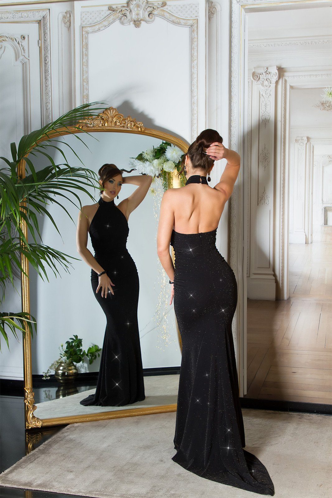 Neckholder im glitzerndes Gala-Look schwarzgold Koucla Maxikleid Abendkleid