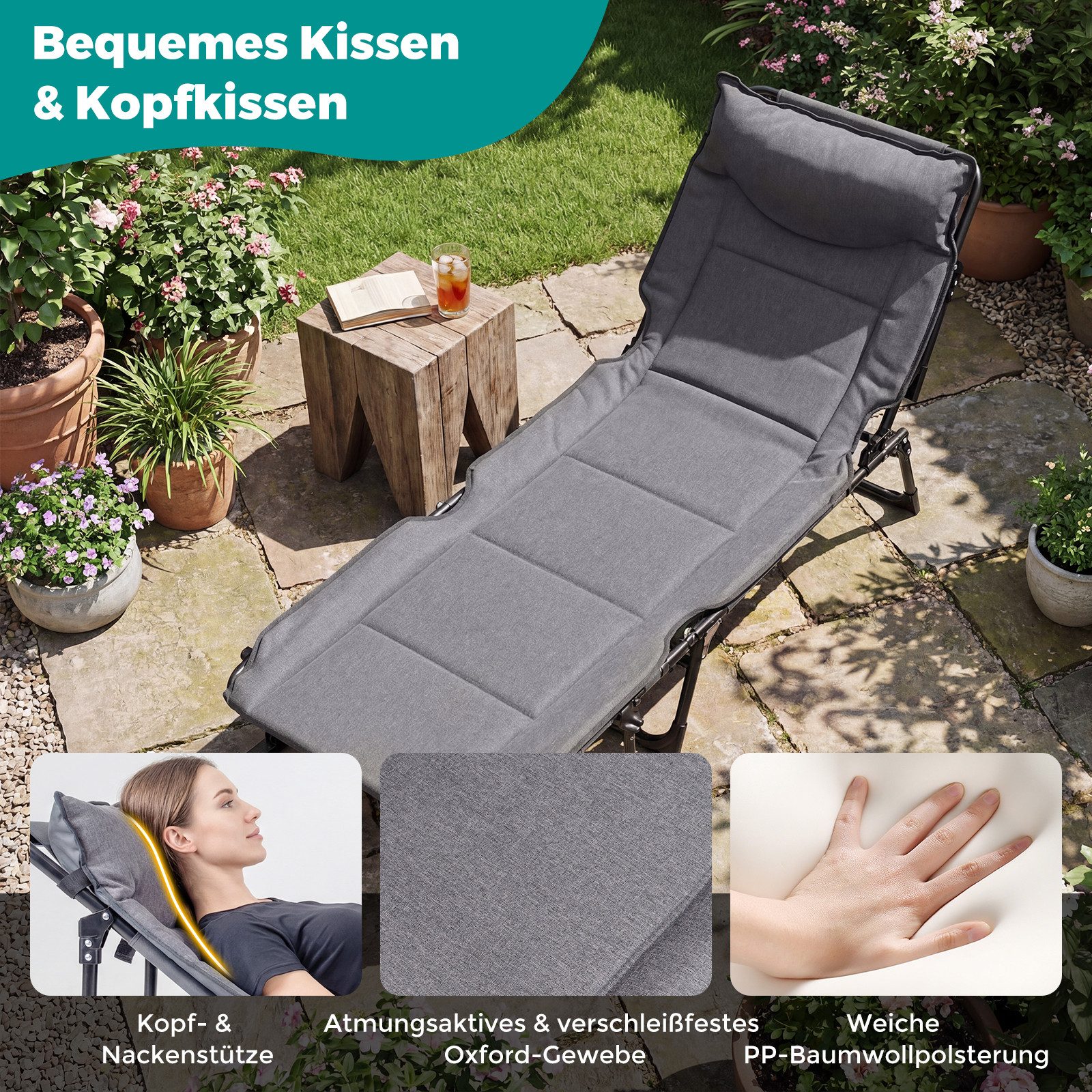 COSTWAY Gartenliege, 3 in 1 Klappbett mit Auflage, Kopfstütze, verstellbar