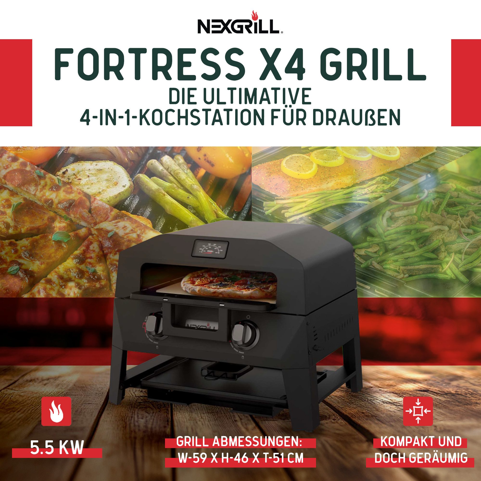 nexgrill Gasgrill Fortress x4 4-in-1 Gasgrill / Tischgrill mit Pizzaofen, Bis zu 300°C, Gusseisen Grillrost, Pizzastein, Plancha, mit 2 Edelstahlbrennern 5,5kW und Piezozündung, Aufbaumaß: 59x46x51 cm