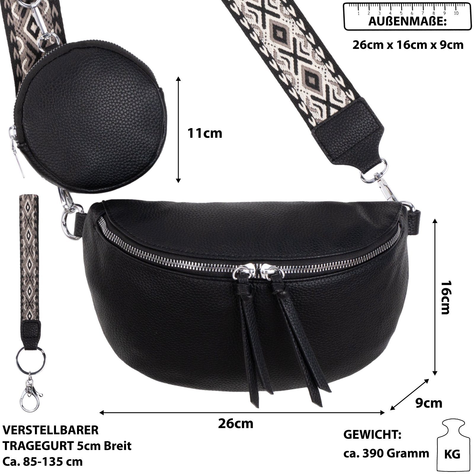 EAAKIE Gürteltasche Bauchtasche Umhängetasche Crossbody-Bag als Schultertasche, BLACK Italy-D, Umhängetasche Kunstleder tragbar Hüfttasche CrossOver