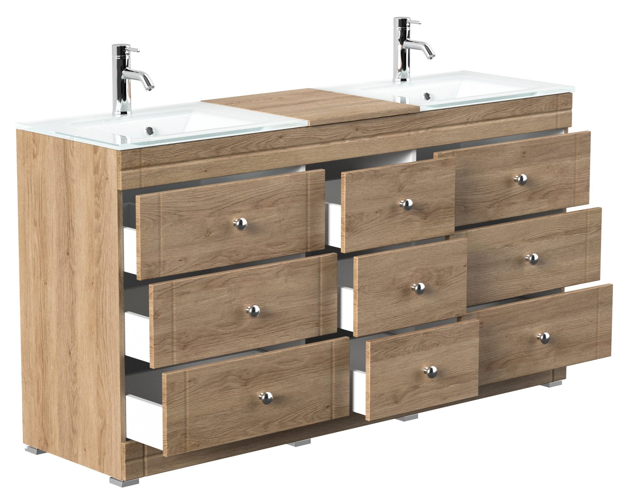Thumbnail - Magnolia Home Waschtisch Stand Doppel Badmöbel Vitro Klassik inkl. Glasbecken SoftClose eiche h