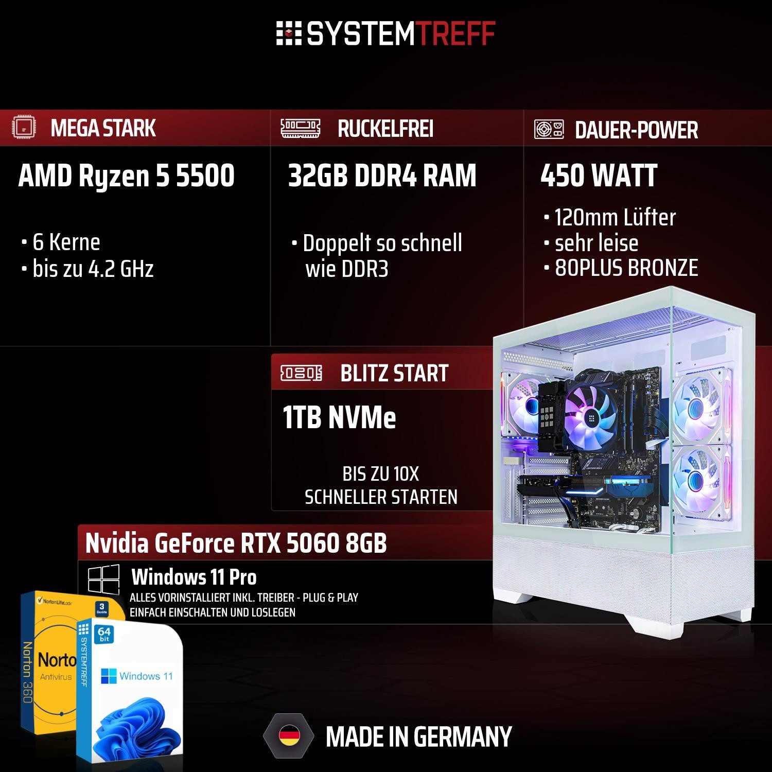 SYSTEMTREFF AMD Ryzen 5 5500 mit Nvidia GeForce RTX 5060 8GB Gaming-PC (AMD 5500 5500, Nvidia GeForce RTX 5060, 32 GB RAM, 1000 GB SSD, Luftkühlung)