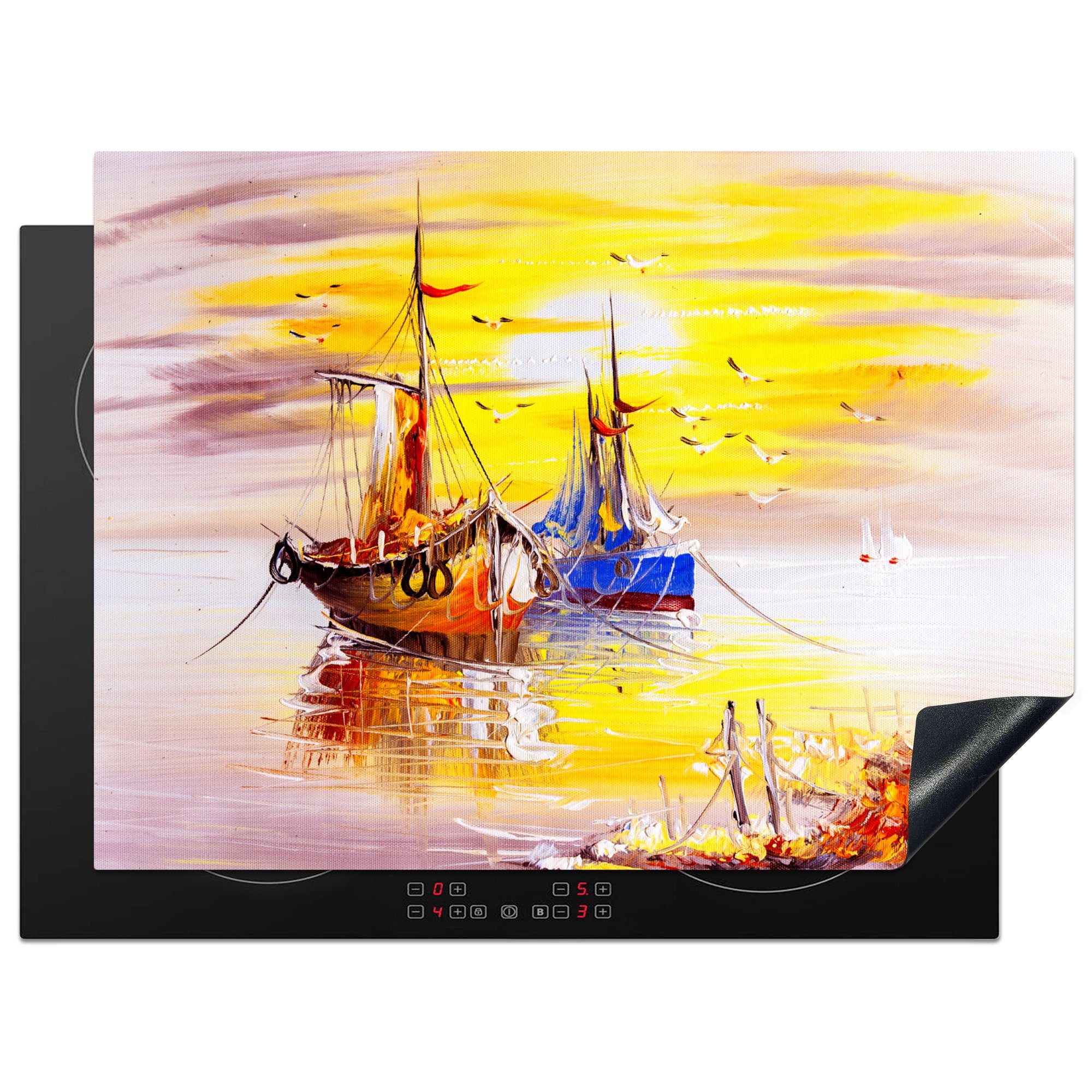 MuchoWow Herdblende-/Abdeckplatte Malerei - Boot - Wasser - Ölfarbe, Vinyl, (1 tlg), 70x52 cm, Mobile Arbeitsfläche nutzbar, Ceranfeldabdeckung