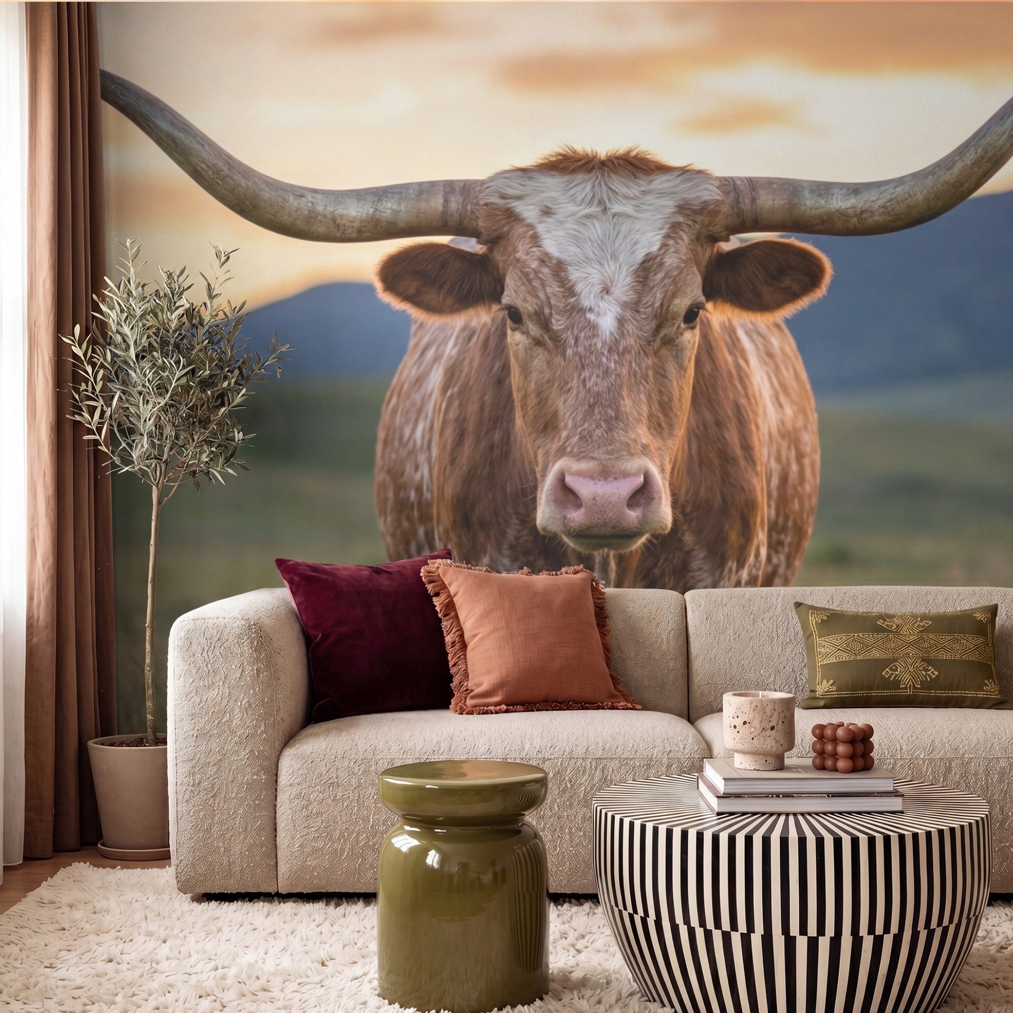 OnlyWow Fototapete Longhorn - Landschaft - Sonnenuntergang, Matt, bedruckt, Wandtapete, Wohnzimmer, Vinyl Tapete 260x220cm