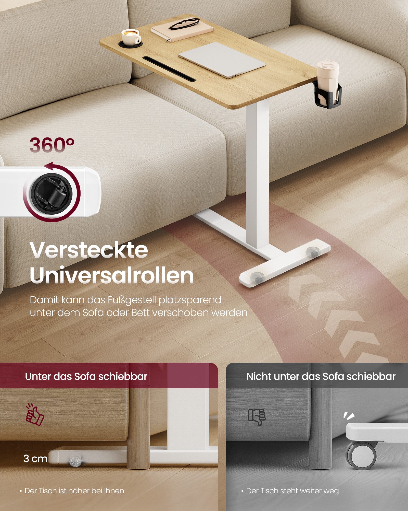 VASAGLE Schreibtisch Beistelltisch mit Rollen, mobiler Stehtisch, verstellbare Höhe, 2 Getränkehalter, Schlitz