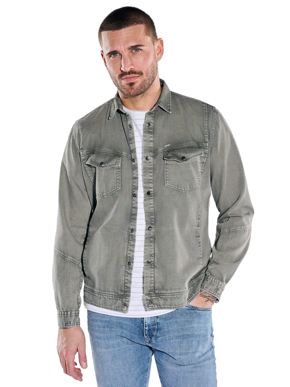 emilio adani Langarmhemd Herren Overshirt mit besonderer Waschung, Oliv