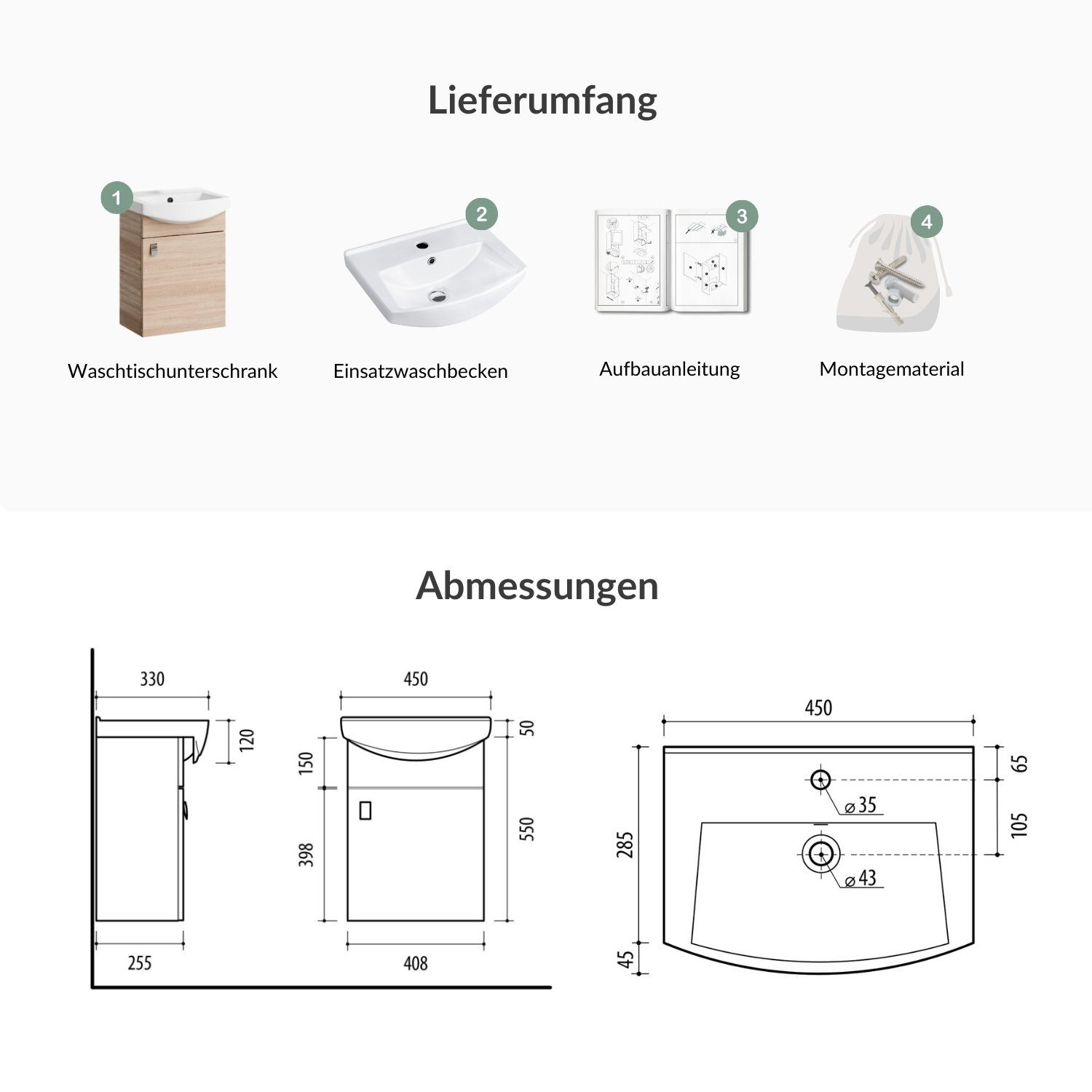 Planetmöbel Waschtisch Waschtischunterschrank 45cm Sonoma Eiche – Bild 4 von 5