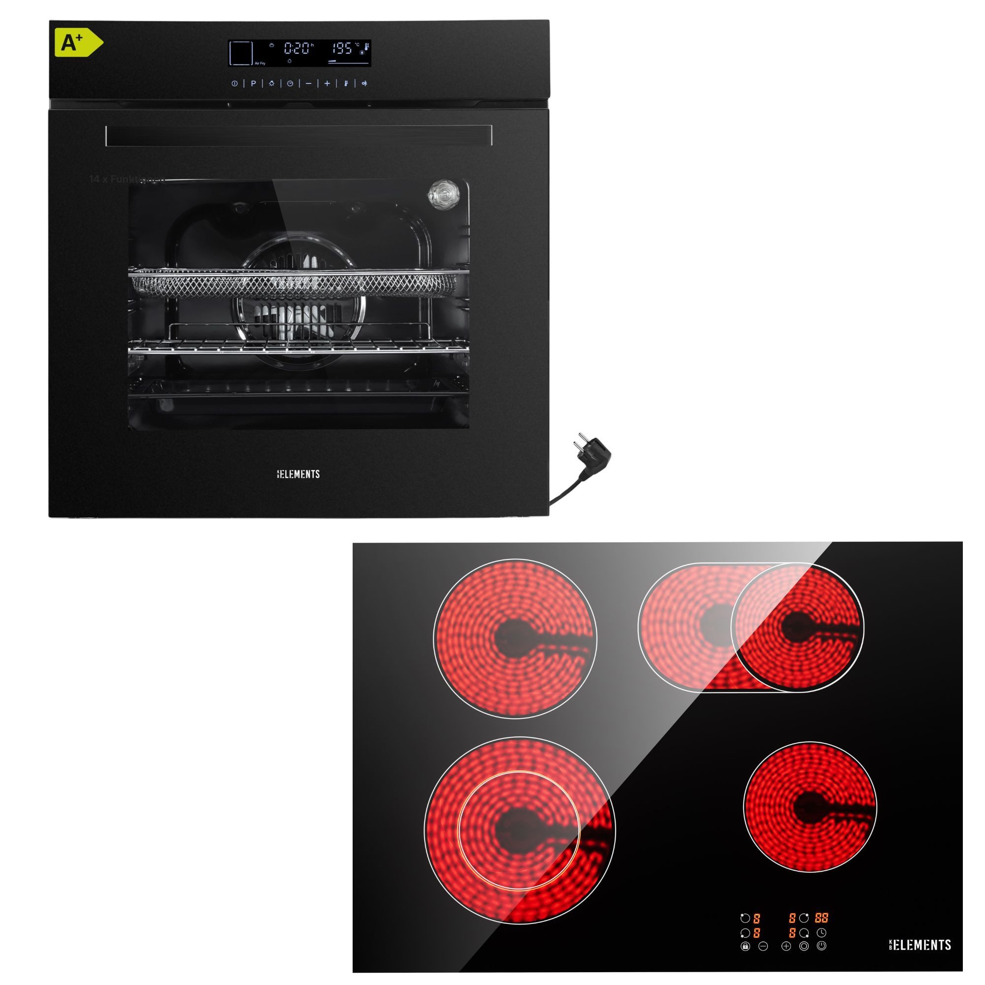KB Elements Backofen-Set Einbaubackofen 60 cm mit 4-Zonen Glaskeramik Kochfeld 60 cm, mit 2-fach-Teleskopauszug, AQUA CLEAN, Einbaubackofen Full Touch mit 15 Funktionen, Air Fry Funktion