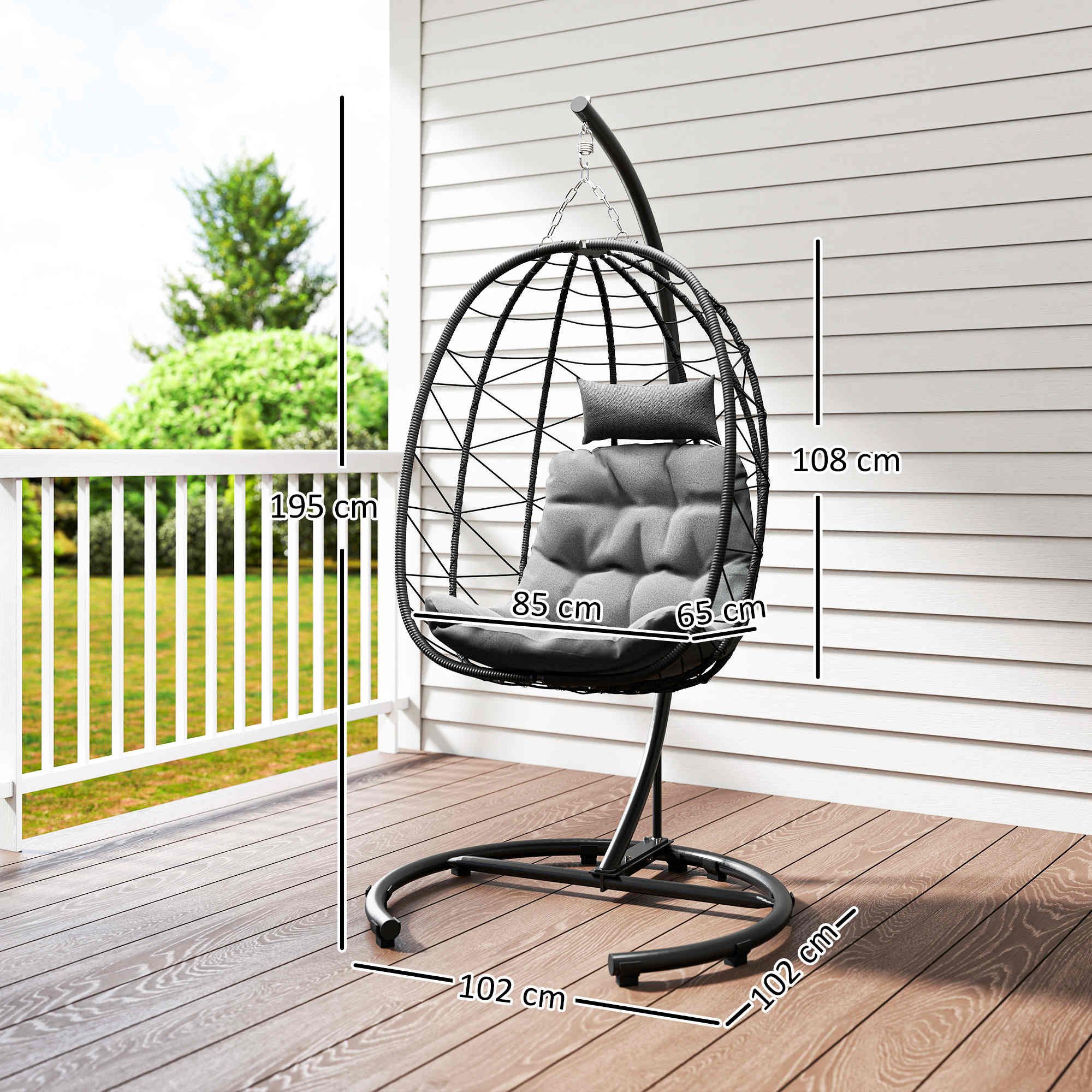 Outsunny Schaukelstuhl Hängesessel Rattan Hängestuhl 195 cm Höhe (Schaukelkorb, 1 St), für Terrasse, Garten bis zu 150 kg, Dunkelgrau