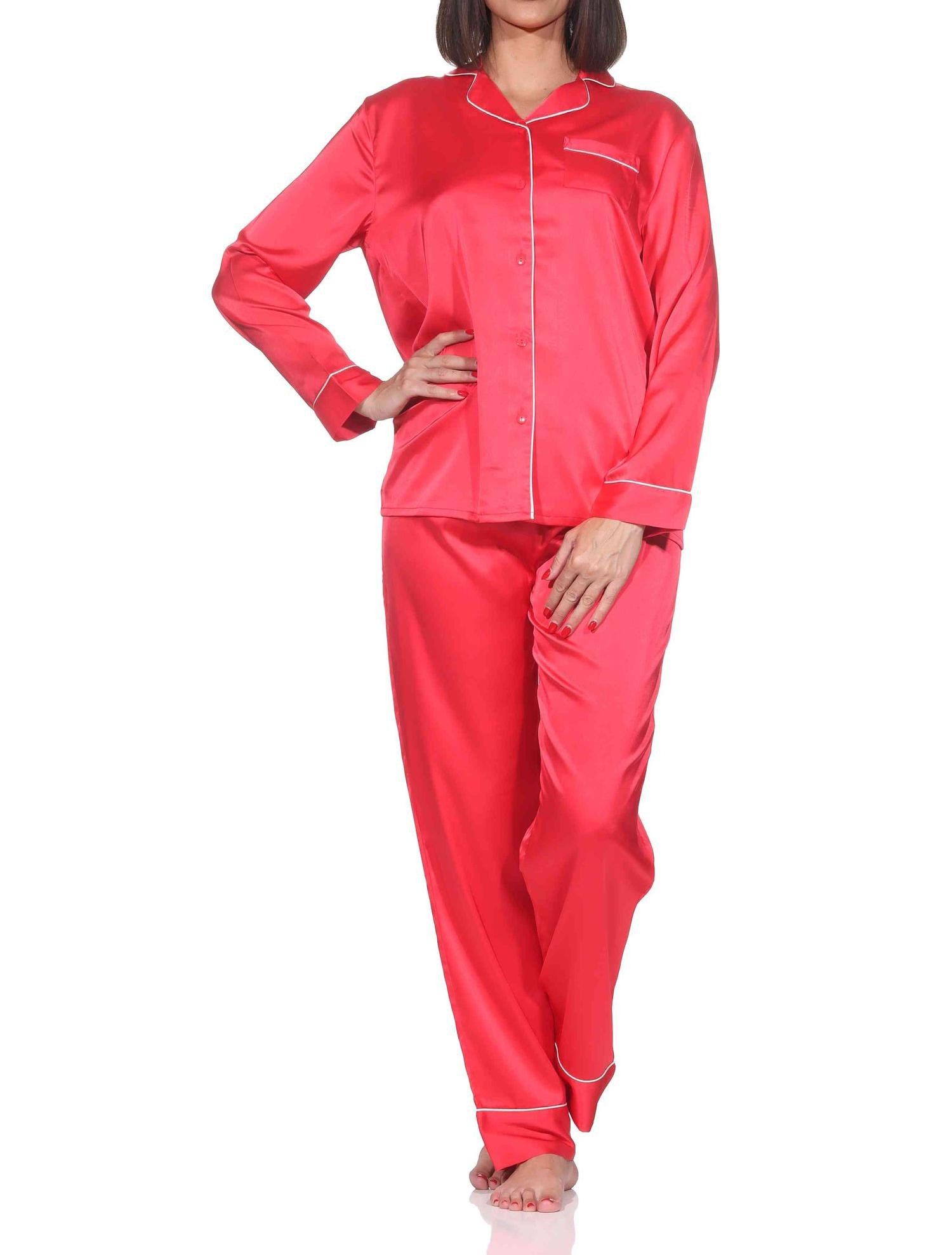 Normann Pyjama Normann Satin Damen Schlafanzug langarm Pyjama mit Knopfleiste
