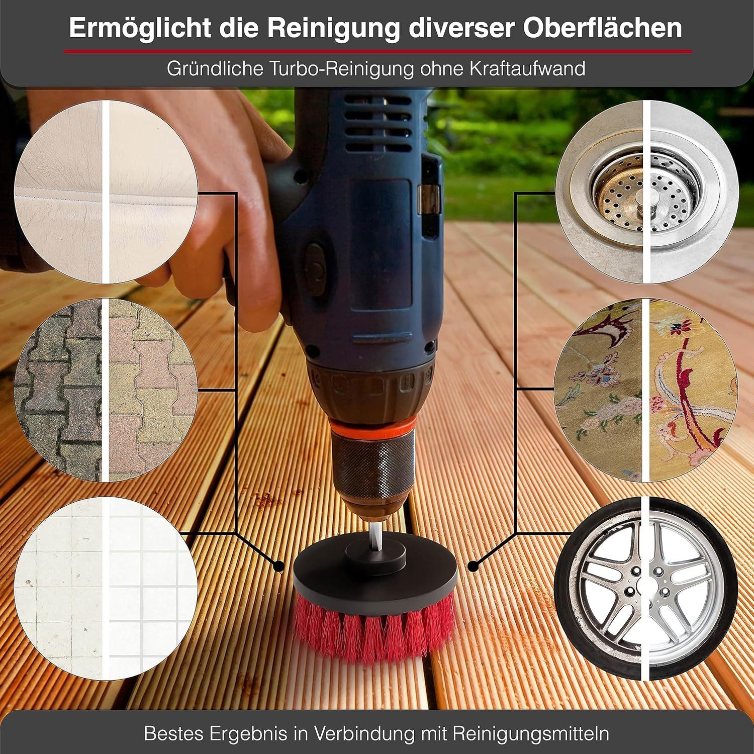 M&A QUALITY Reinigungsbürste Bürstenaufsatz Akkuschrauber [6er Set] Reinigt universell, Auto, Felgen, Polster, Fliesen & mehr, (Reinigungsbürste Akkuschrauber I – Bild 3 von 5