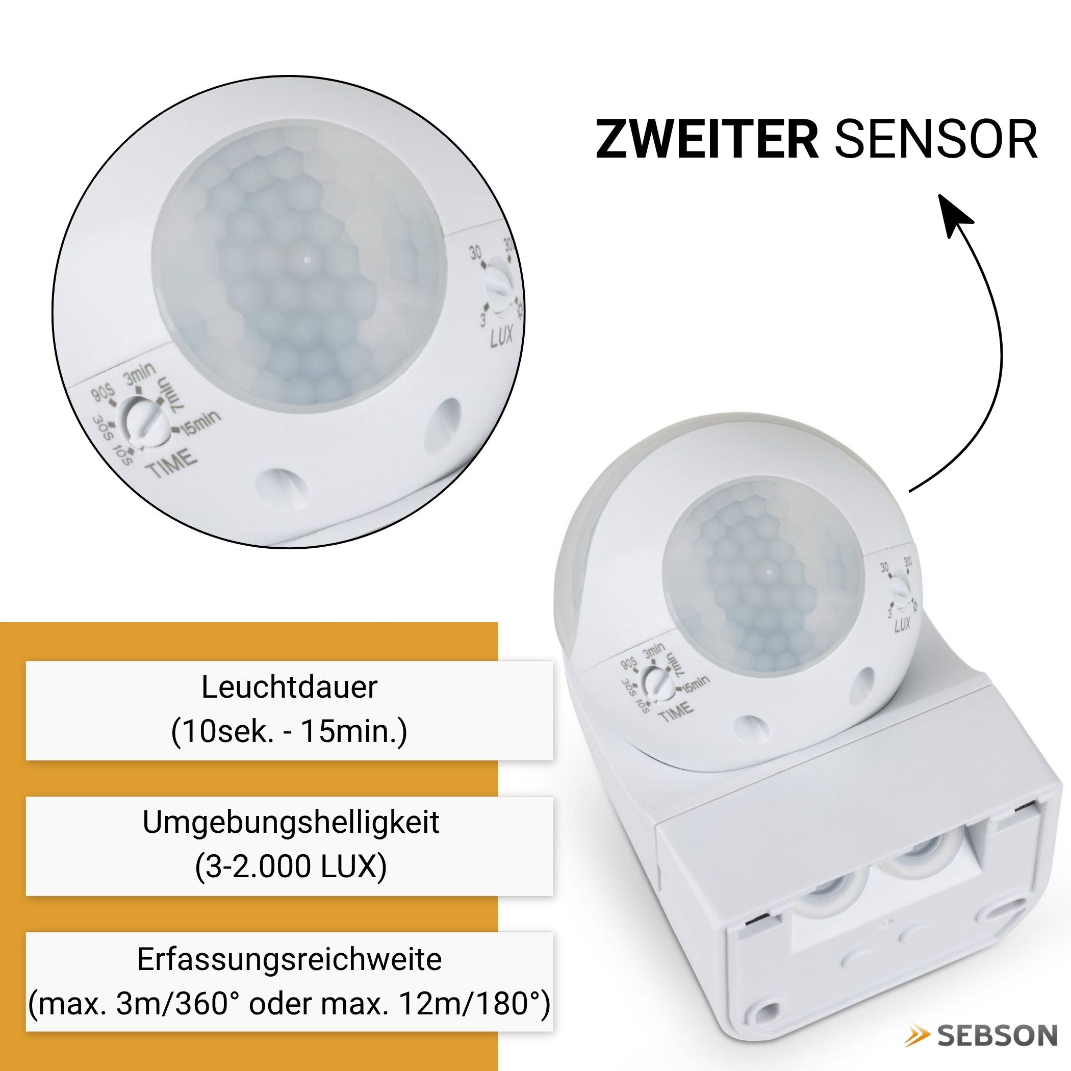 SEBSON Bewegungsmelder Infrarot Sensor Außen IP44 Aufputz Wand - Reichweite 12m 180° Winkel, (1-St), Wandmontage, schwenkbar, programmierbar, LED geeignet 600W, 3 Draht