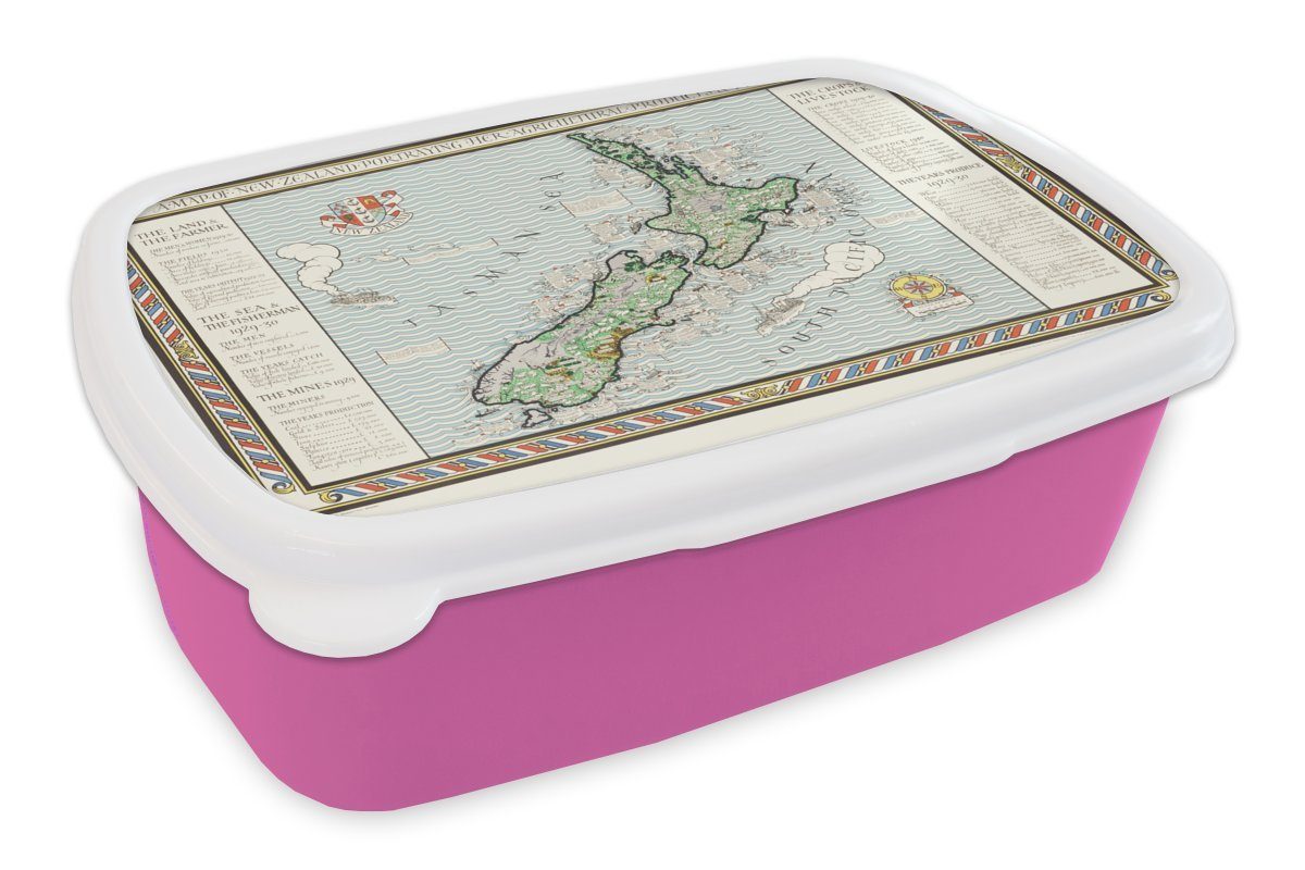 Snackbox, (2-tlg), Kunststoff, Brotbox Karte Vintage, Neuseeland Kinder, - für Mädchen, Brotdose MuchoWow Lunchbox rosa - Erwachsene, Kunststoff