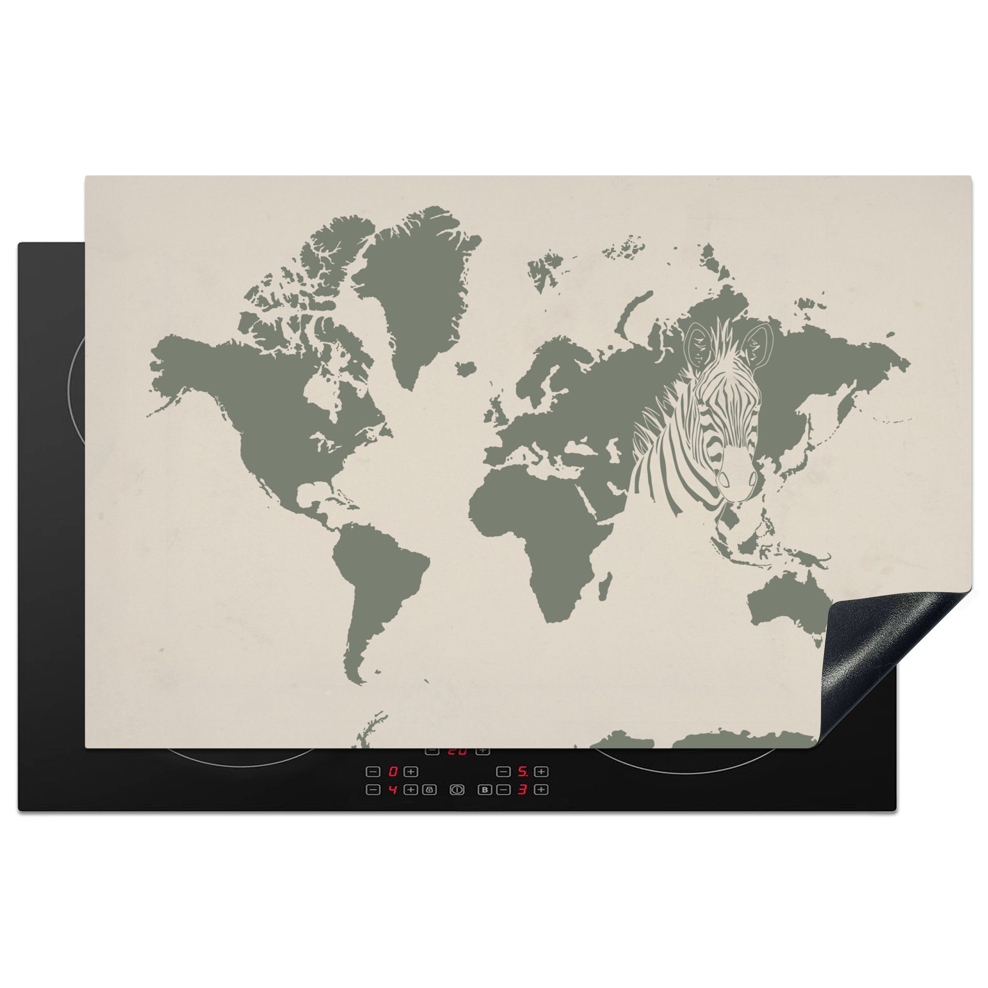 MuchoWow Herdblende-/Abdeckplatte Weltkarte - Tiere - Zebra, Vinyl, (1 tlg), 81x52 cm, Induktionskochfeld Schutz für die küche, Ceranfeldabdeckung