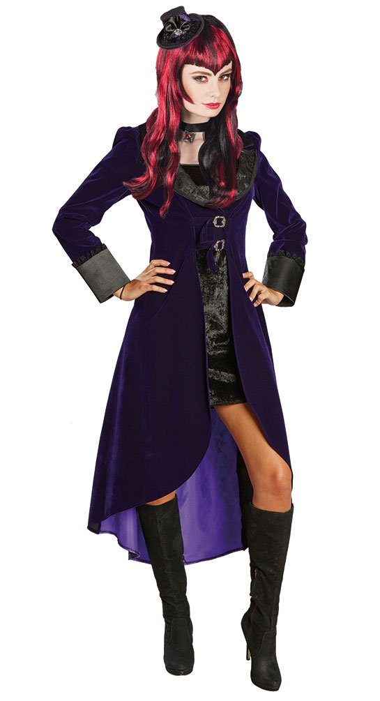 Vampir-Kostüm Vampirin Mantel schwarz lila mit schwarzem Kleid