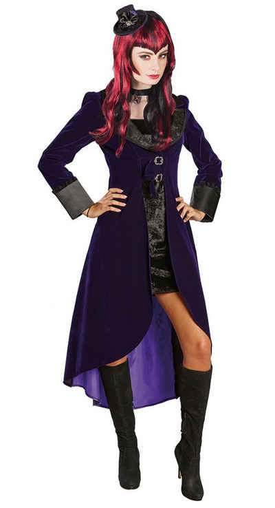 Karneval-Klamotten Vampir-Kostüm Vampirin Mantel schwarz lila mit schwarzem Kleid, Halloweenkostüm Damenkostüm Frack mit kurzes ärmelloses Kleid